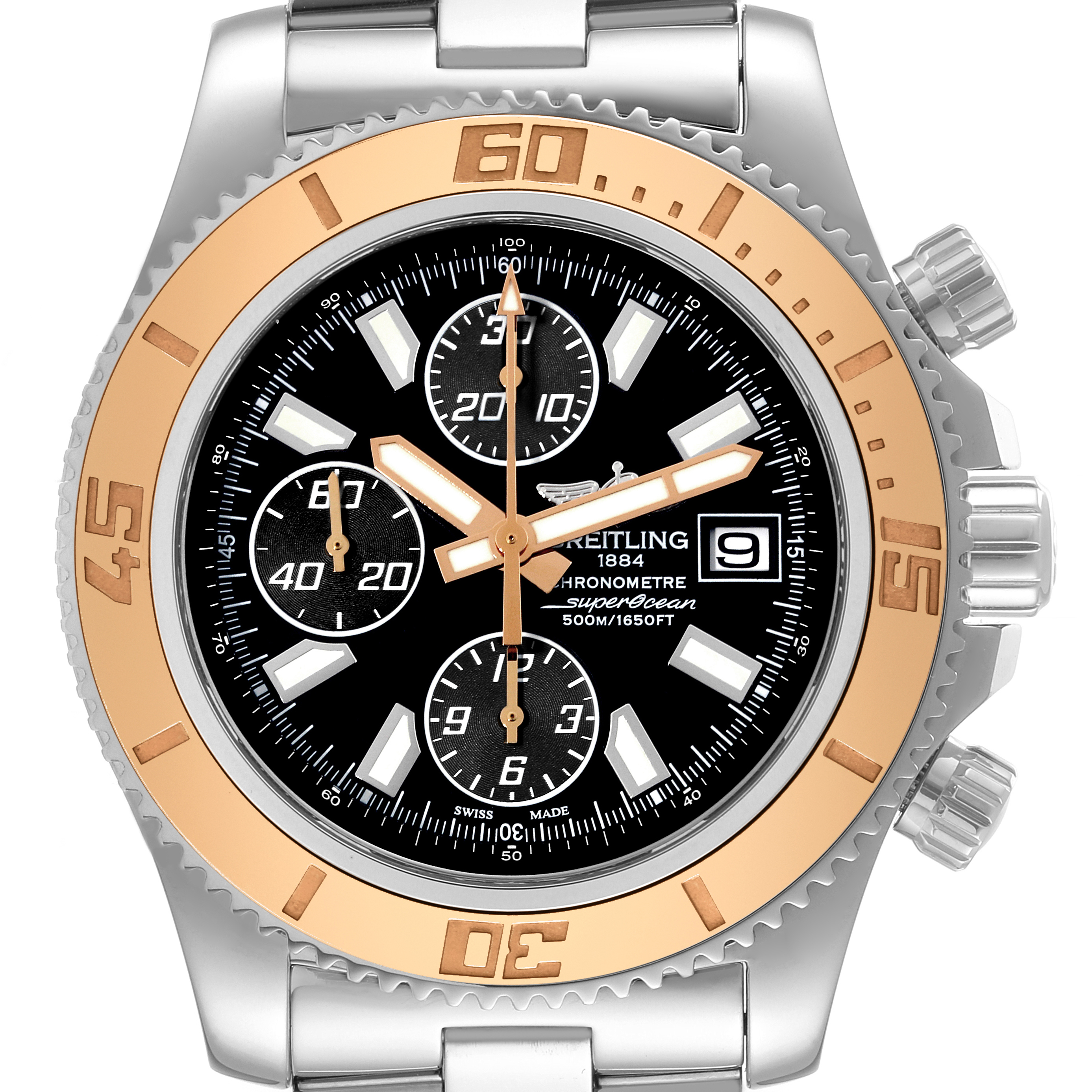 The Breitling Superocean C13341 Men's Steel and Gold (two tone) Black Dial C13341 Men's Steel and Gold (two tone) Black Dial watch is shown from a front angle, highlighting its dial, bezel, hands, sub-dials, and crown.