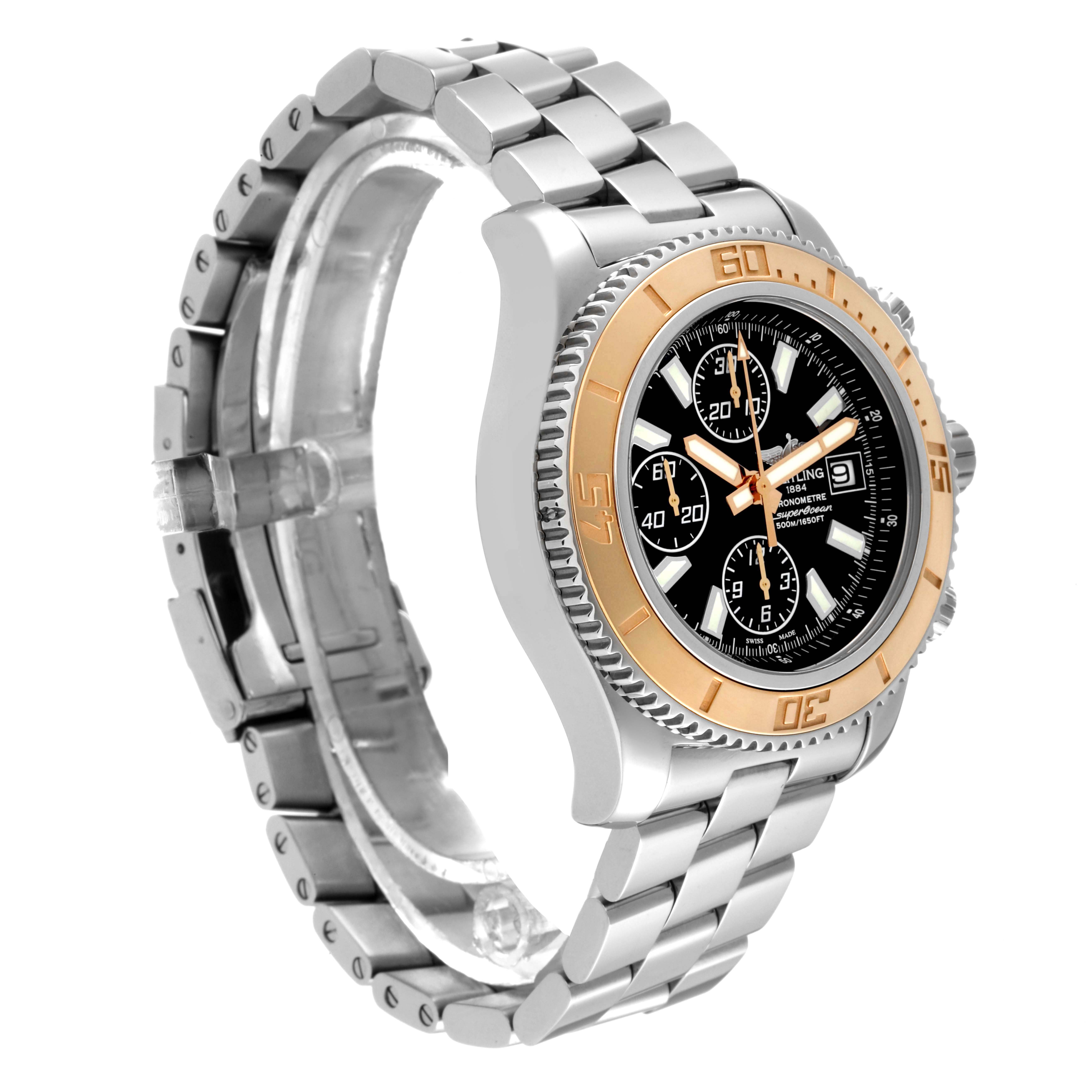 The image shows a Breitling Superocean C13341 Men's Steel and Gold (two tone) Black Dial C13341 Men's Steel and Gold (two tone) Black Dial watch at a 3/4 angle, highlighting the bracelet, bezel, and dial.