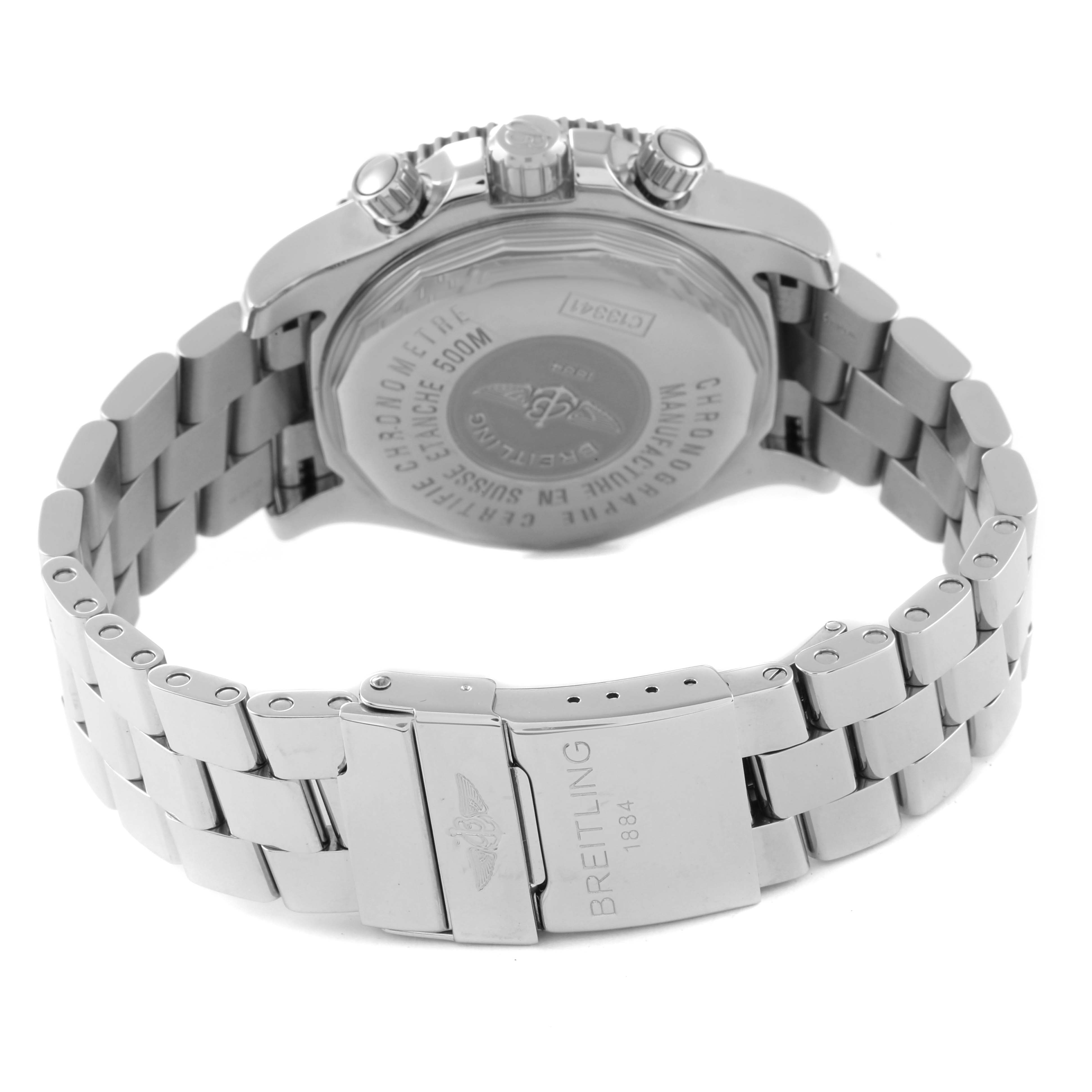 The image shows the back view of a Breitling Superocean C13341 Men's Steel and Gold (two tone) Black Dial C13341 Men's Steel and Gold (two tone) Black Dial watch, highlighting the case back, crown, pushers, and metal bracelet with clasp.