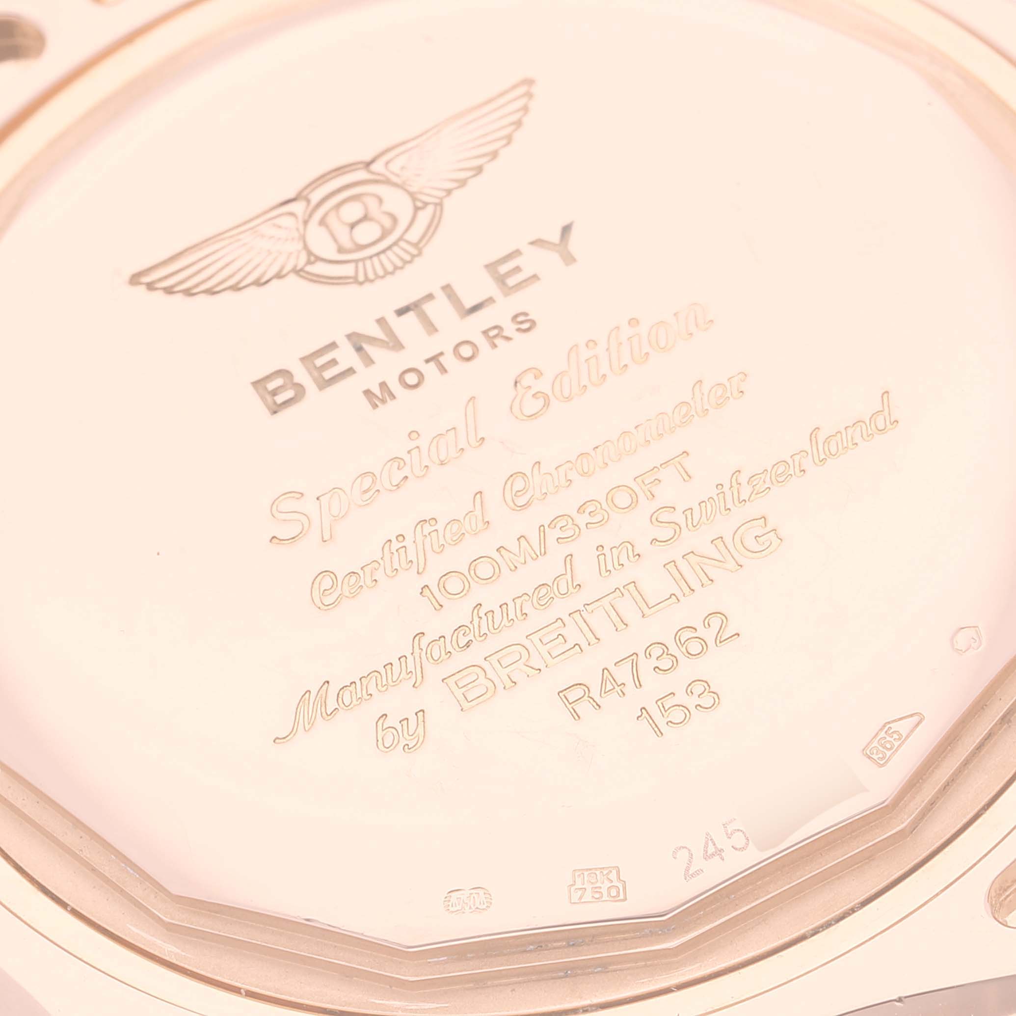 The image shows the back case of a Bentley model watch by Breitling at a close-up angle.