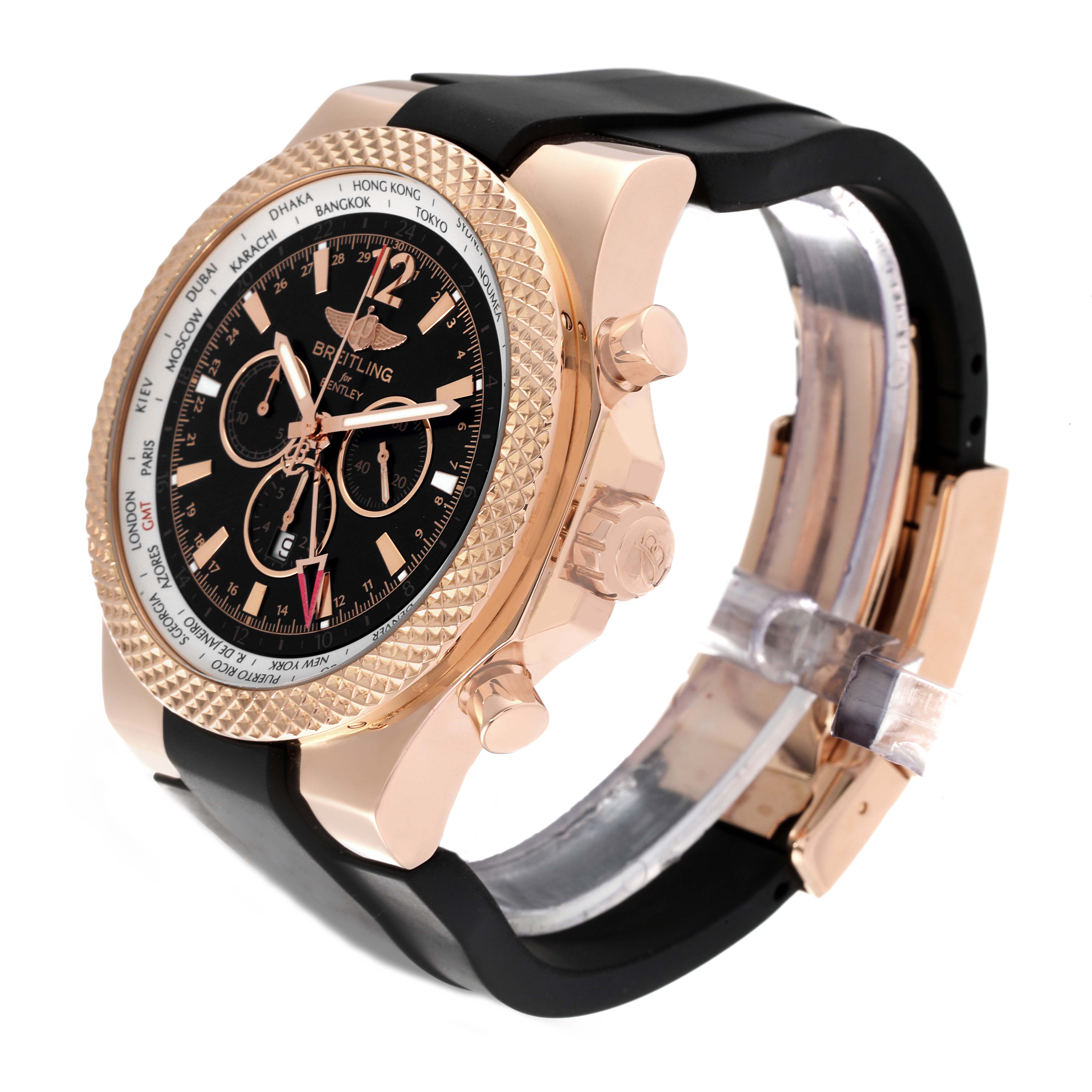 The Breitling Bentley R47362 Men's Rose Gold Black Dial R47362 Men's Rose Gold Black Dial watch is shown at an angle displaying its face, bezel, crown, pushers, and part of the strap.