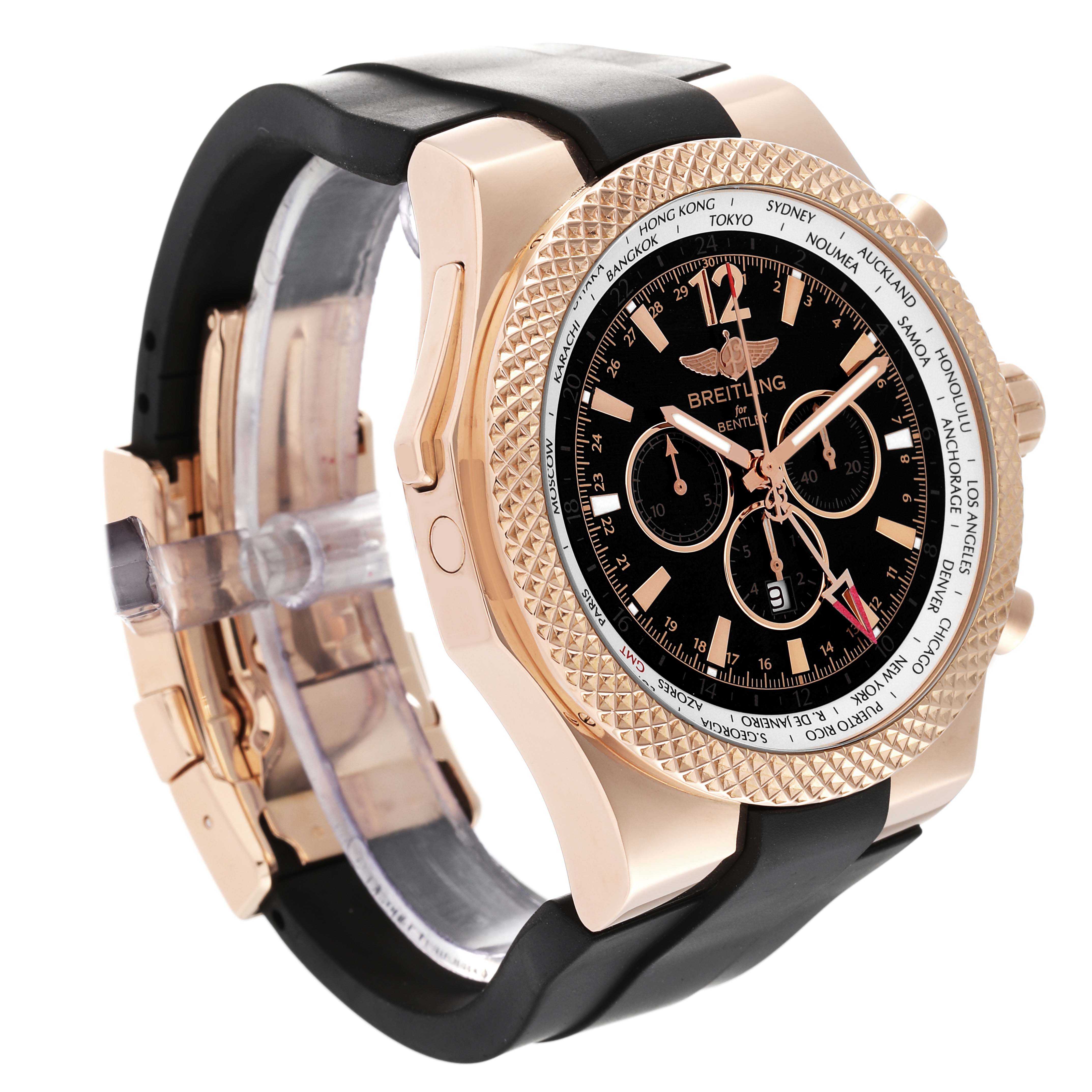 The Breitling Bentley R47362 Men's Rose Gold Black Dial R47362 Men's Rose Gold Black Dial watch is shown at an angled side view, highlighting its face, case, bezel, and partial strap.