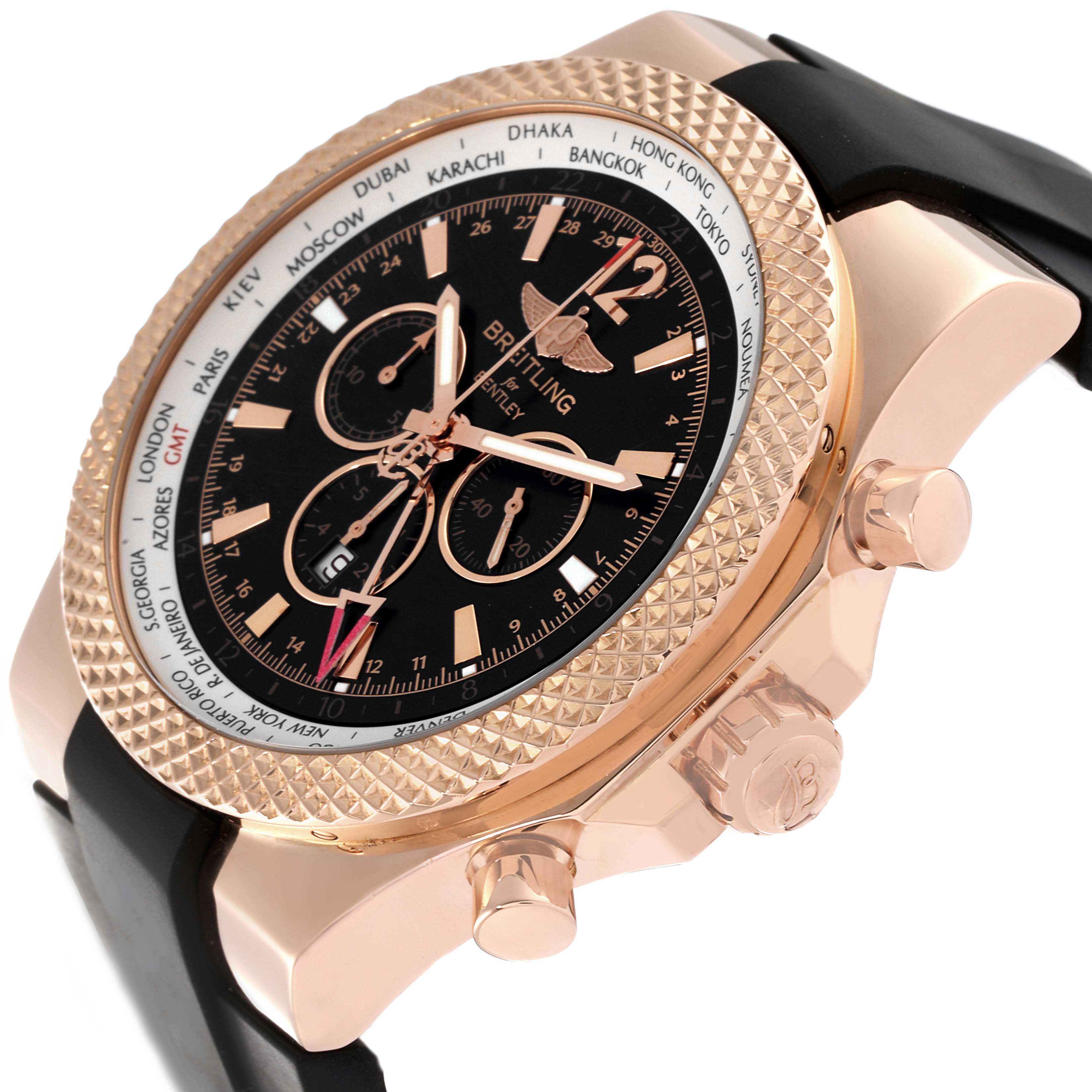 This Breitling Bentley R47362 Men's Rose Gold Black Dial R47362 Men's Rose Gold Black Dial watch is shown at an angled side view, displaying the face, bezel, and pushers.