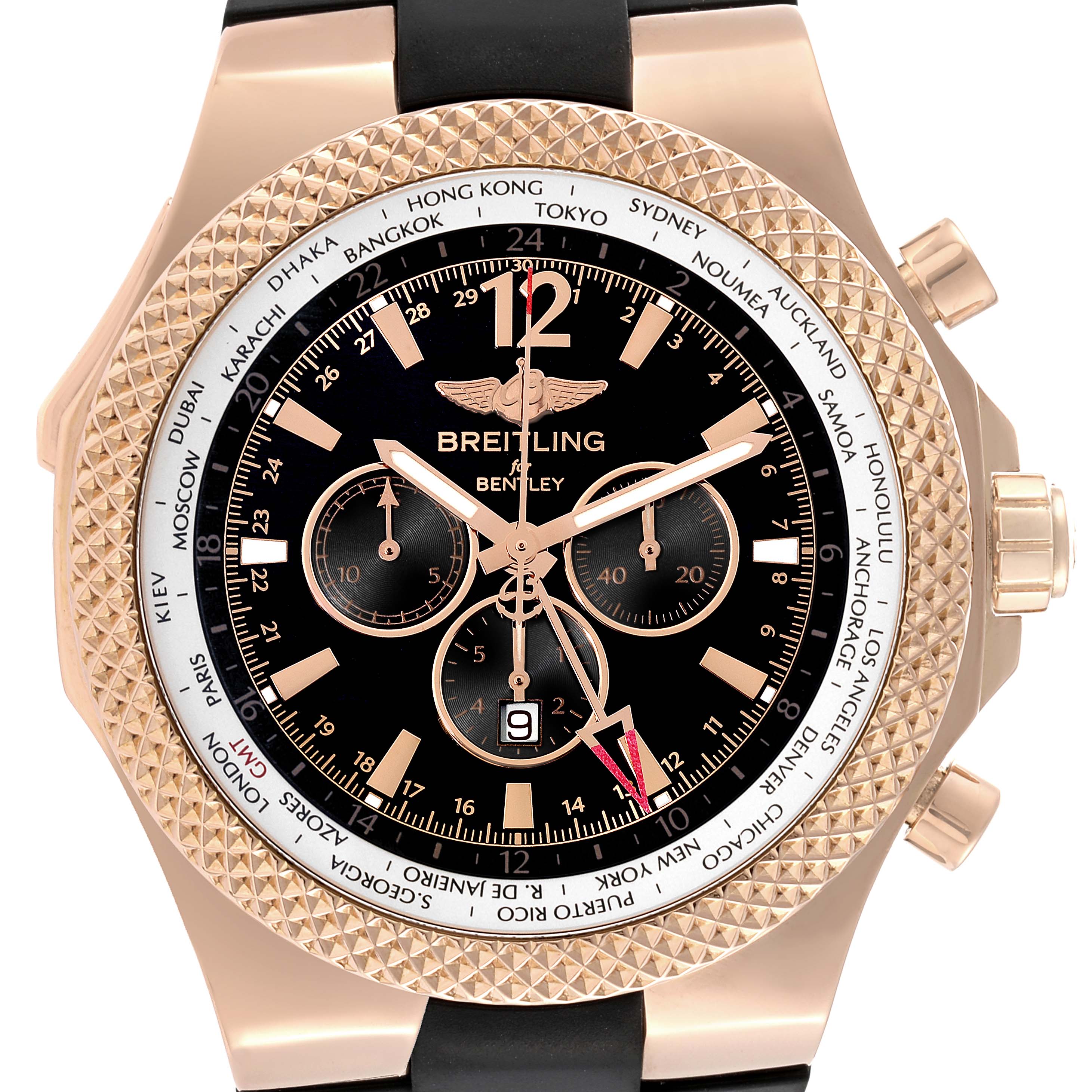 The image shows a front view of a Breitling Bentley R47362 Men's Rose Gold Black Dial R47362 Men's Rose Gold Black Dial watch with its face, dials, and bezel fully visible.
