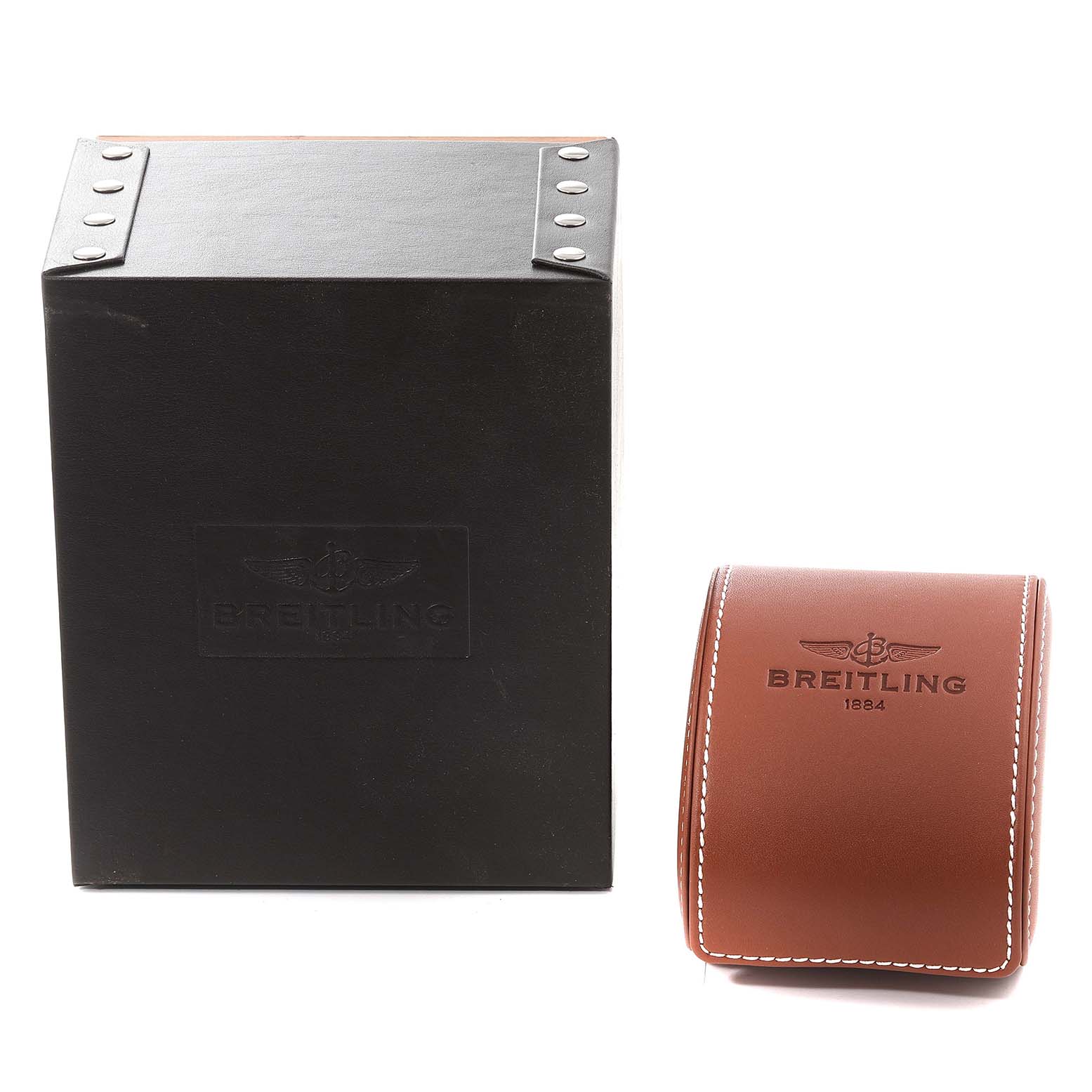 The image shows a Breitling Bentley R47362 Men's Rose Gold Black Dial R47362 Men's Rose Gold Black Dial watch box and a brown leather Breitling Bentley R47362 Men's Rose Gold Black Dial R47362 Men's Rose Gold Black Dial watch case from a front angle.