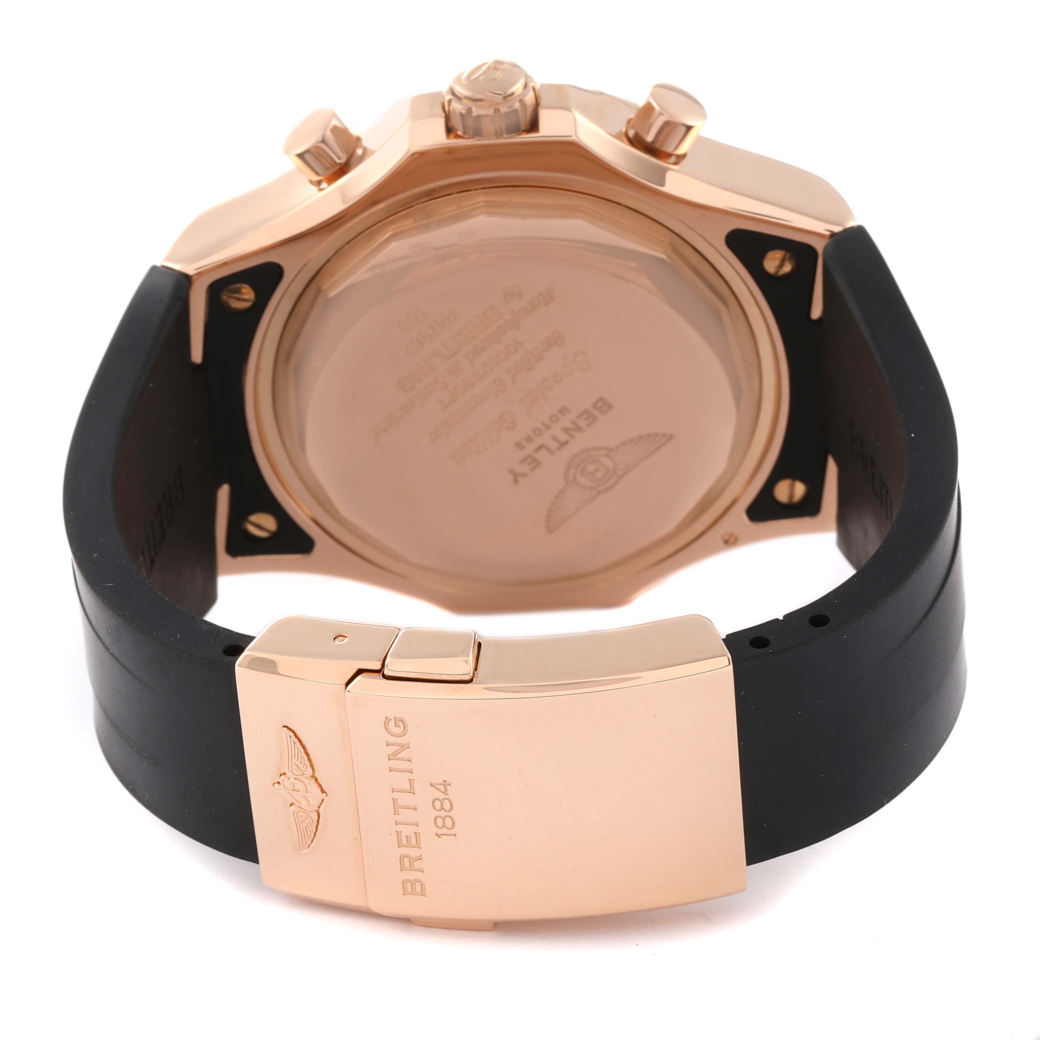 The image shows the rear view of a Breitling Bentley R47362 Men's Rose Gold Black Dial R47362 Men's Rose Gold Black Dial watch, focusing on the case back and the clasp of the black strap.
