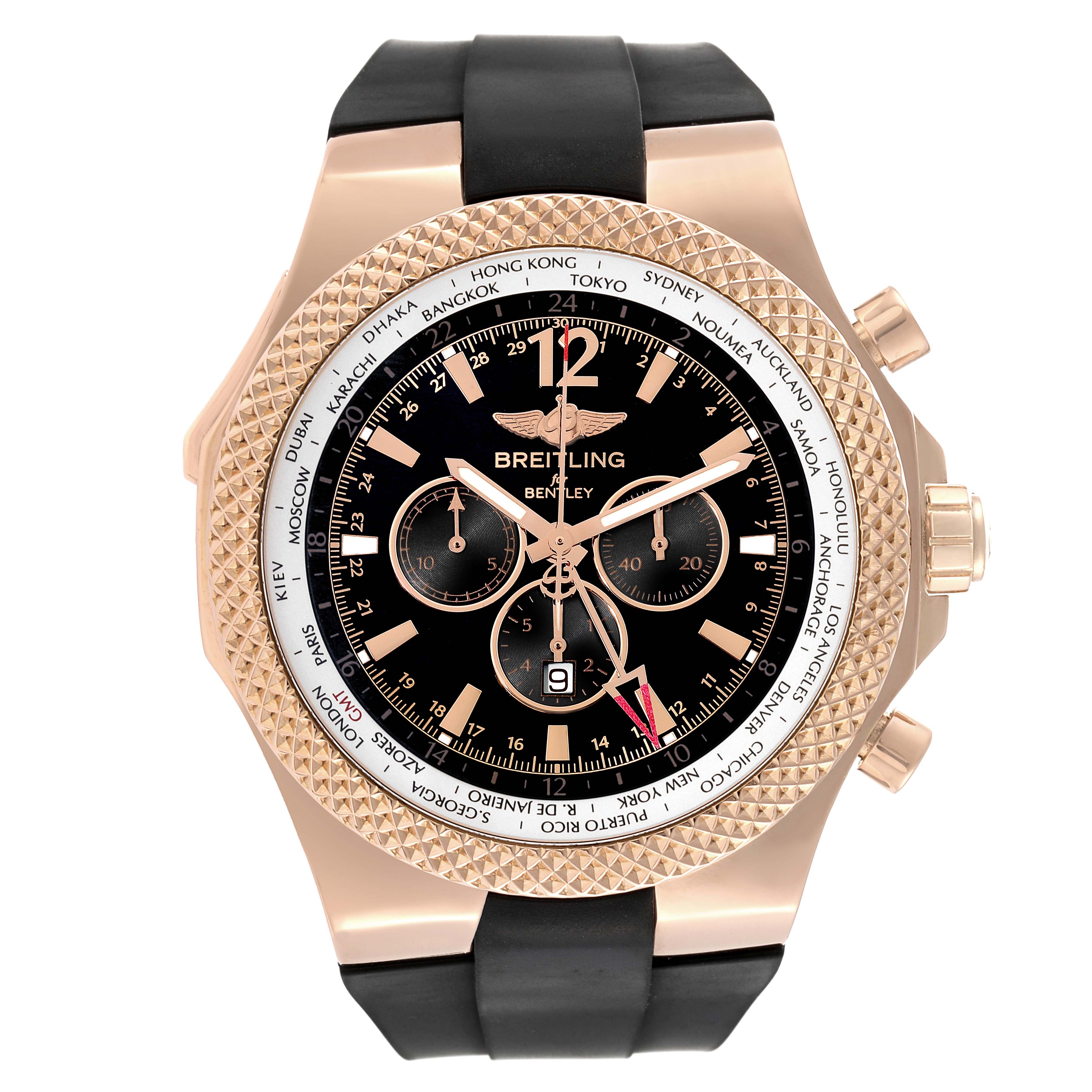 The image shows a front view of a Bentley model Breitling watch, featuring a black dial, gold case, and black rubber strap.