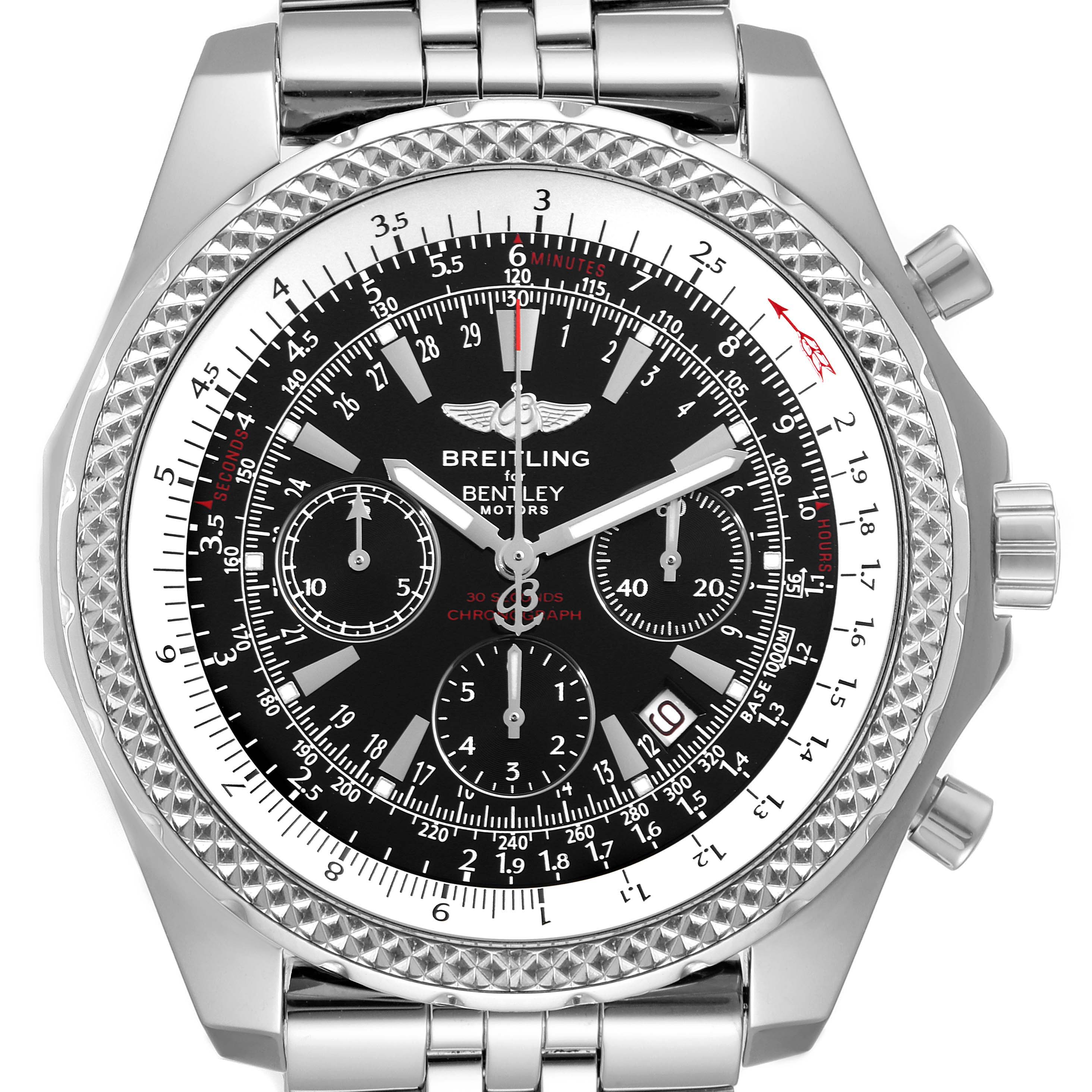 The image shows a front view of a Breitling Bentley A25362 Men's Stainless Steel Black Dial A25362 Men's Stainless Steel Black Dial model watch, highlighting its face, bezel, bracelet, and chronograph dials.