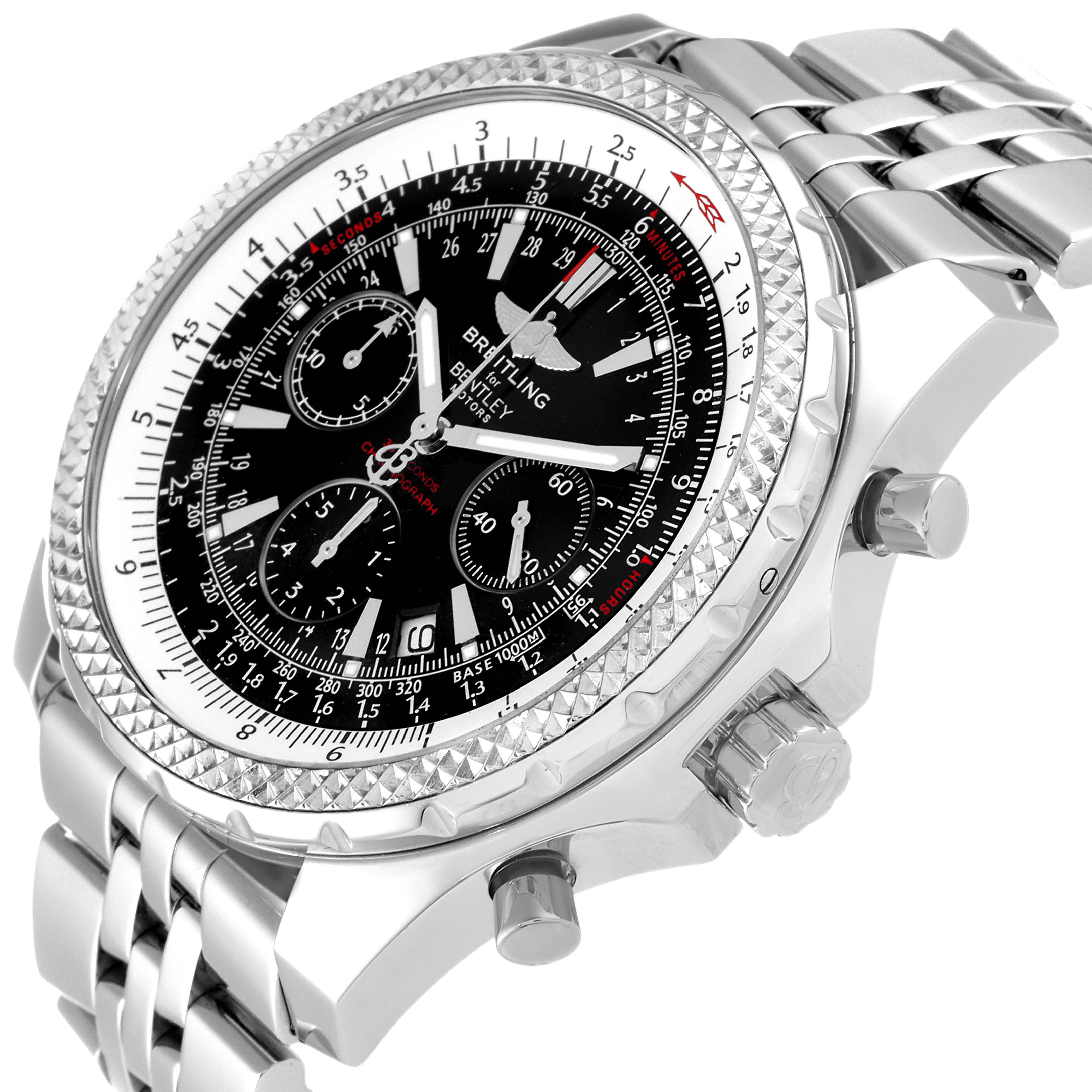 The image depicts a Breitling Bentley A25362 Men's Stainless Steel Black Dial A25362 Men's Stainless Steel Black Dial watch at an angle showcasing the dial, bezel, crown, and part of the bracelet.