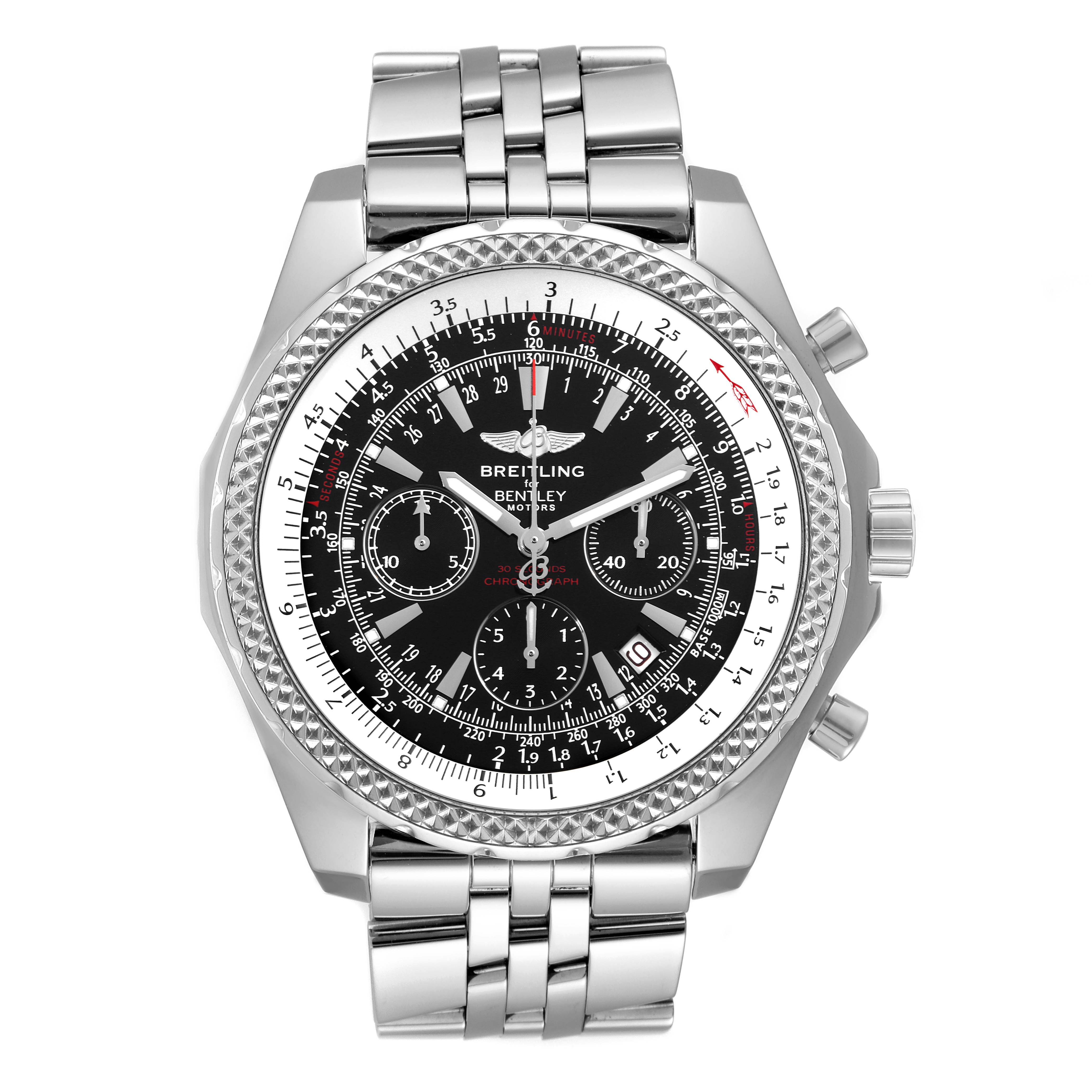 The watch is a Breitling Bentley A25362 Men's Stainless Steel Black Dial A25362 Men's Stainless Steel Black Dial model displayed from a front angle, showing its dial, bezel, and part of the bracelet.