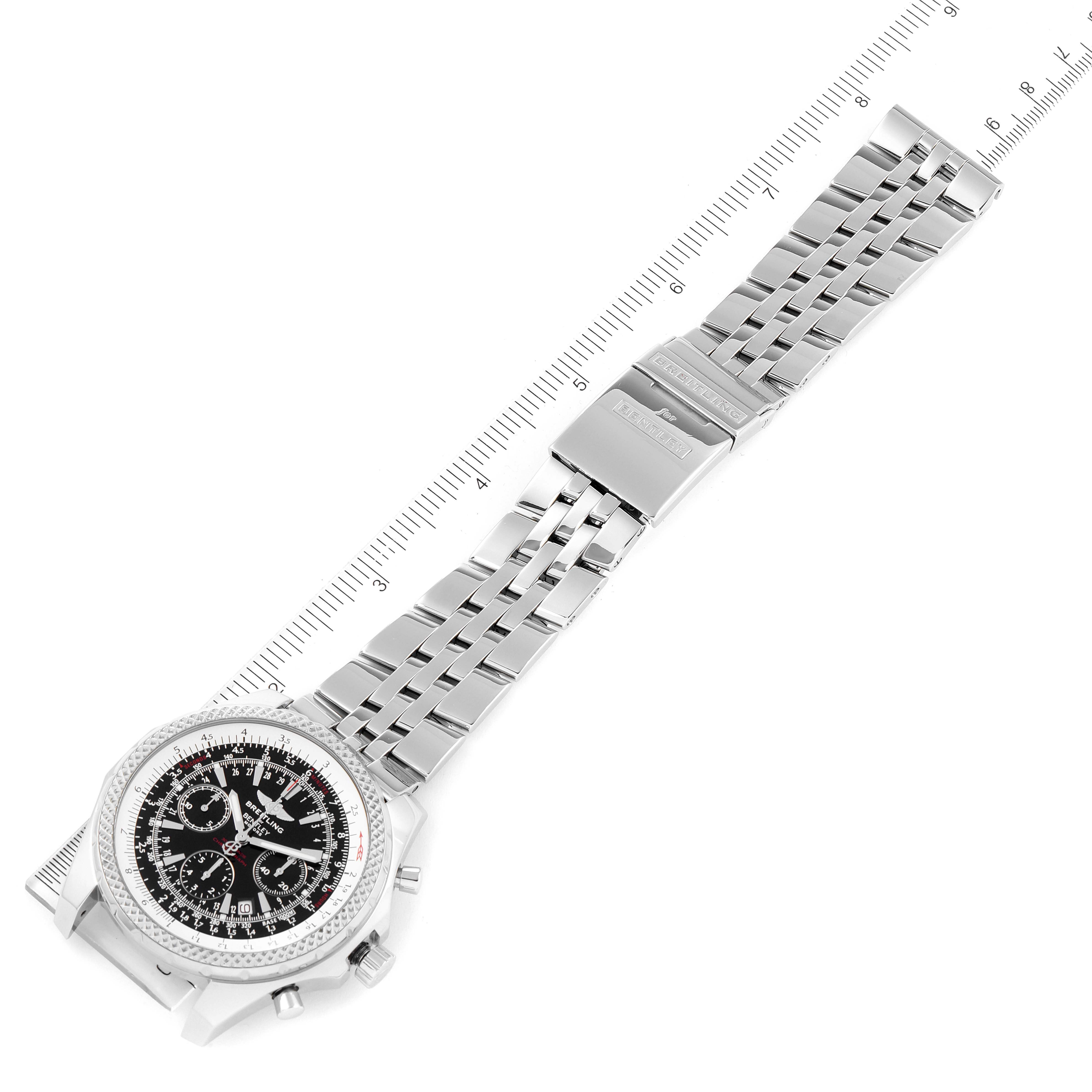 The image shows a Breitling Bentley A25362 Men's Stainless Steel Black Dial A25362 Men's Stainless Steel Black Dial watch at an angle, highlighting the face, bezel, and metal bracelet band alongside a measurement scale.