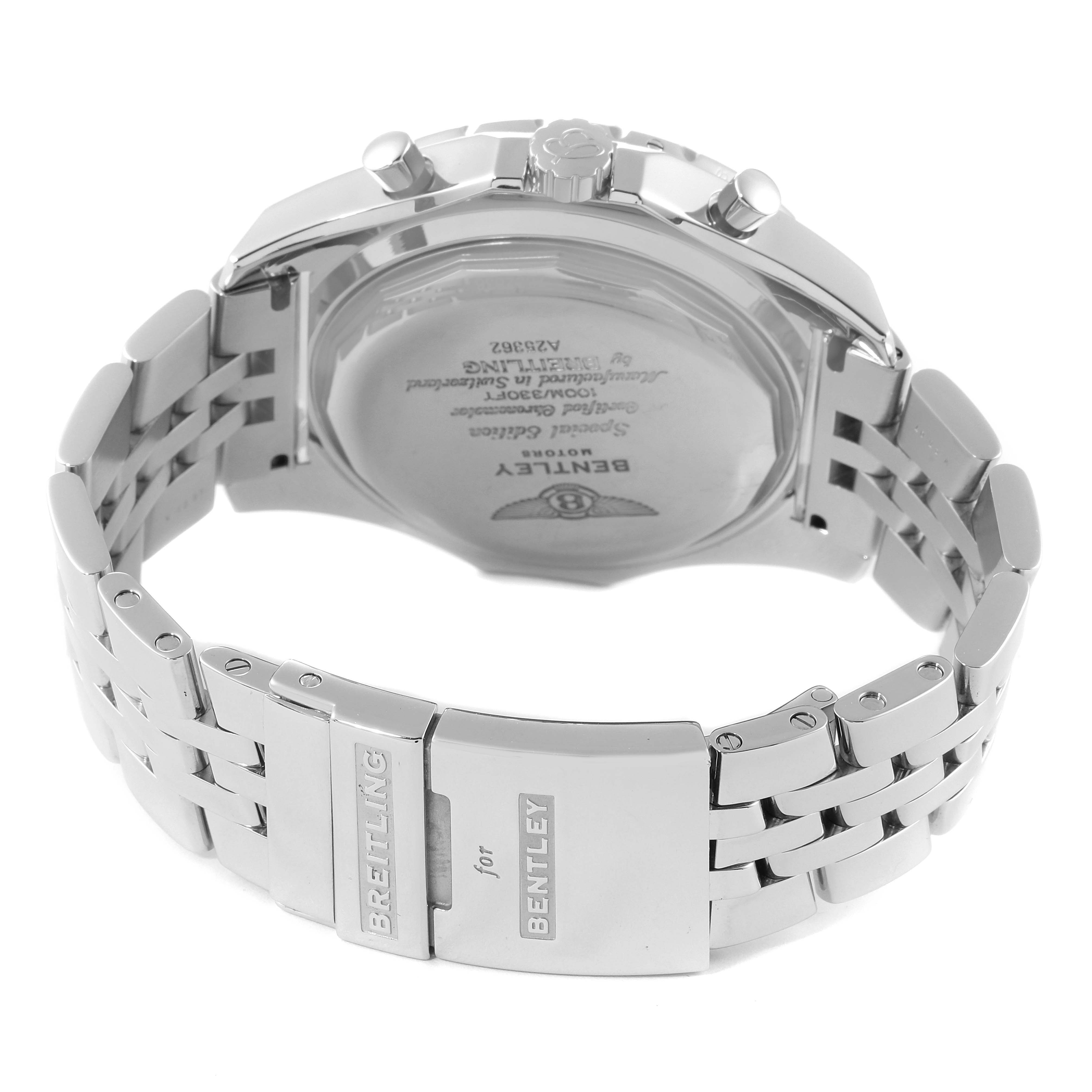 The image shows the Bentley model watch by Breitling from a rear angle, highlighting the clasp and case back.