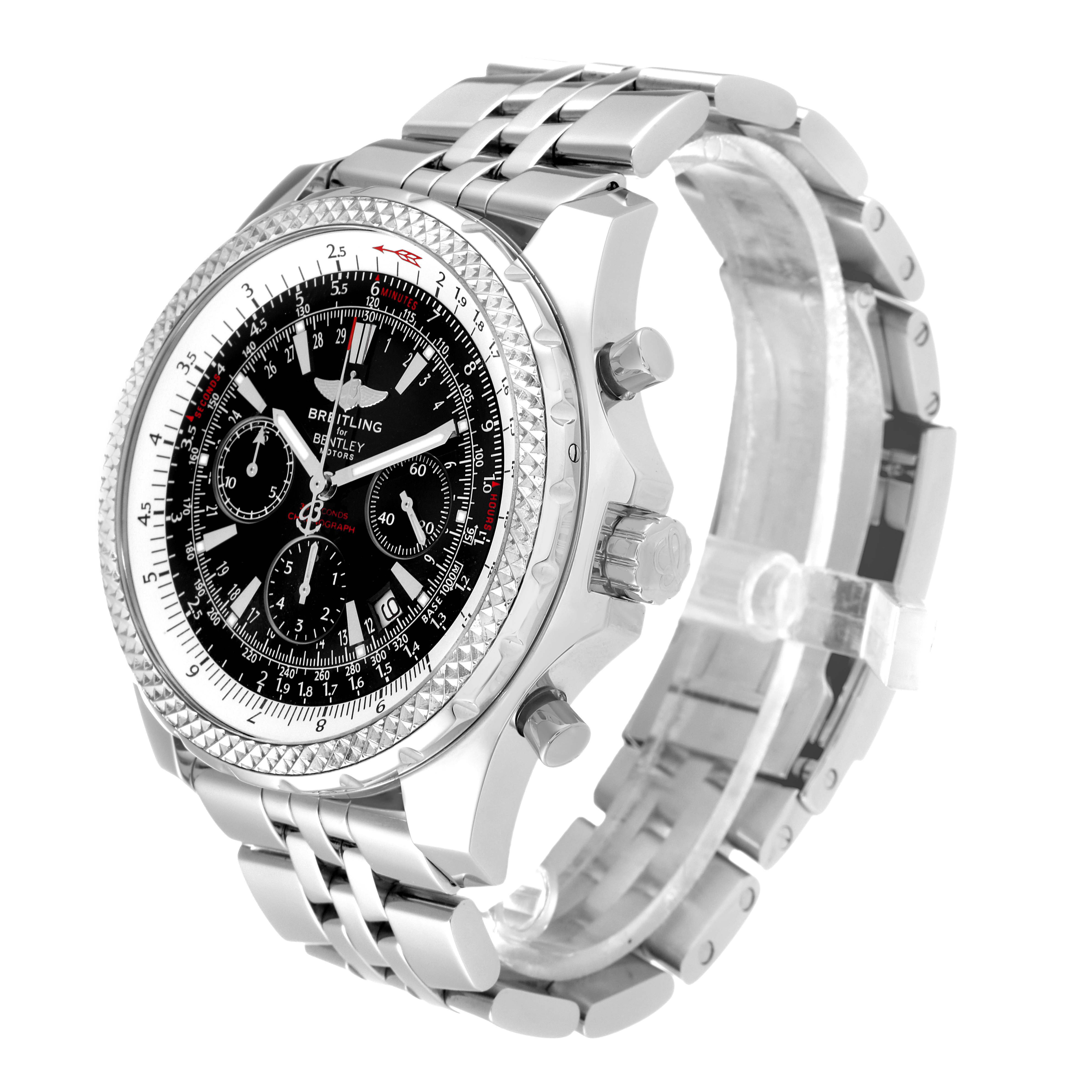 The Breitling Bentley A25362 Men's Stainless Steel Black Dial A25362 Men's Stainless Steel Black Dial watch is shown at a three-quarter angle, displaying the dial, bezel, crown, pushers, and bracelet.
