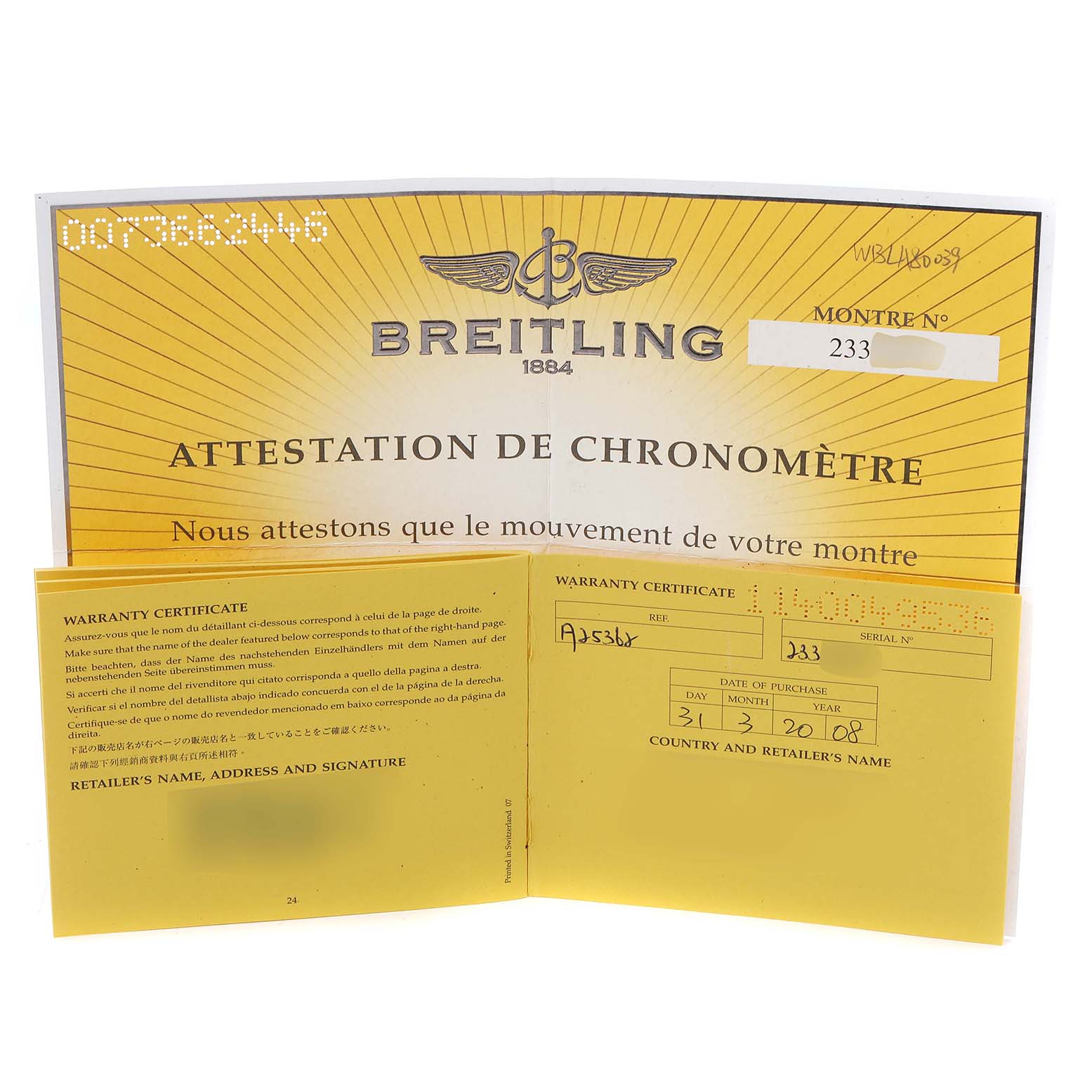 The image displays the warranty certificate and chronometer attestation for a Breitling Bentley A25362 Men's Stainless Steel Black Dial A25362 Men's Stainless Steel Black Dial watch.