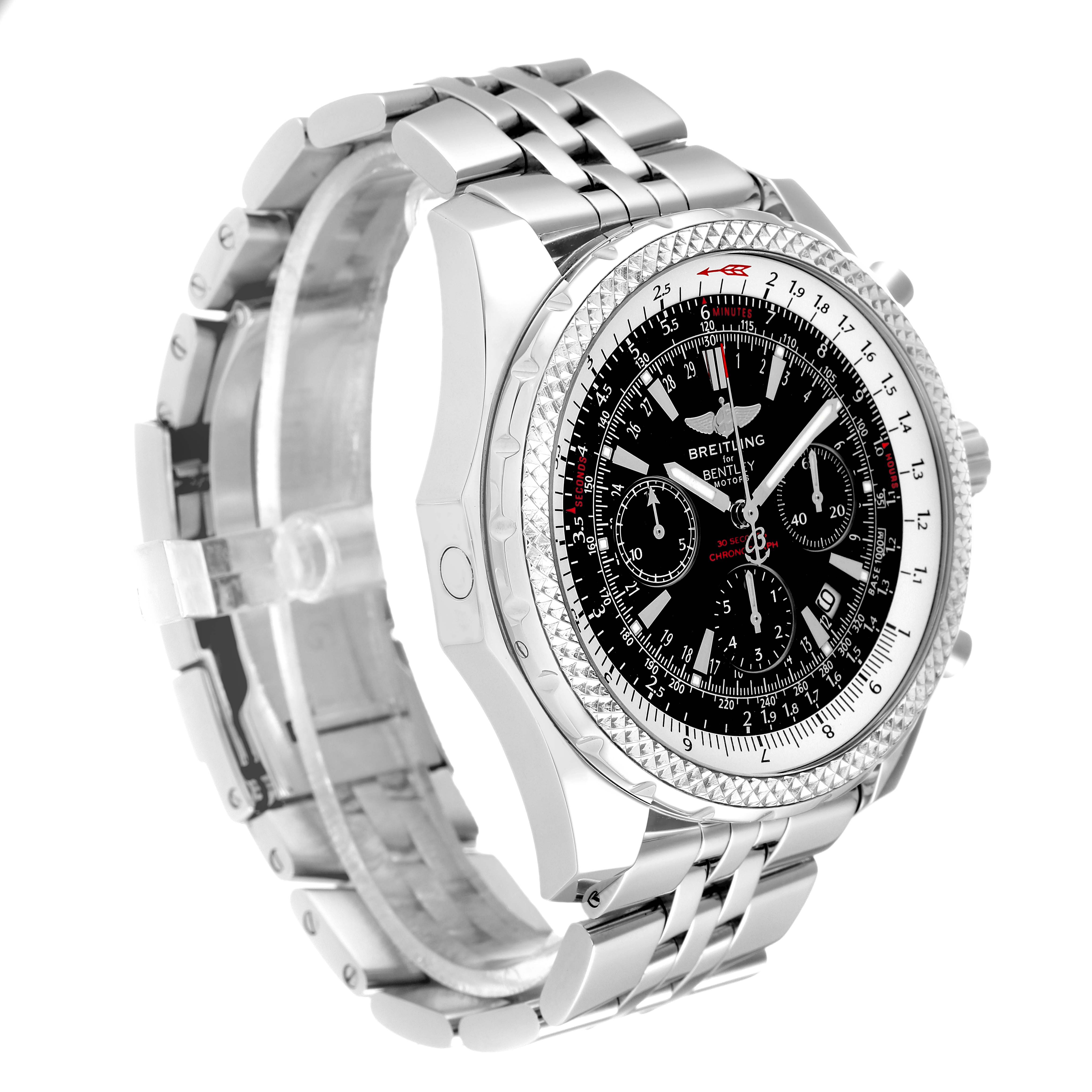The image shows a Breitling Bentley A25362 Men's Stainless Steel Black Dial A25362 Men's Stainless Steel Black Dial watch from a side angle, highlighting its band, bezel, and dial.