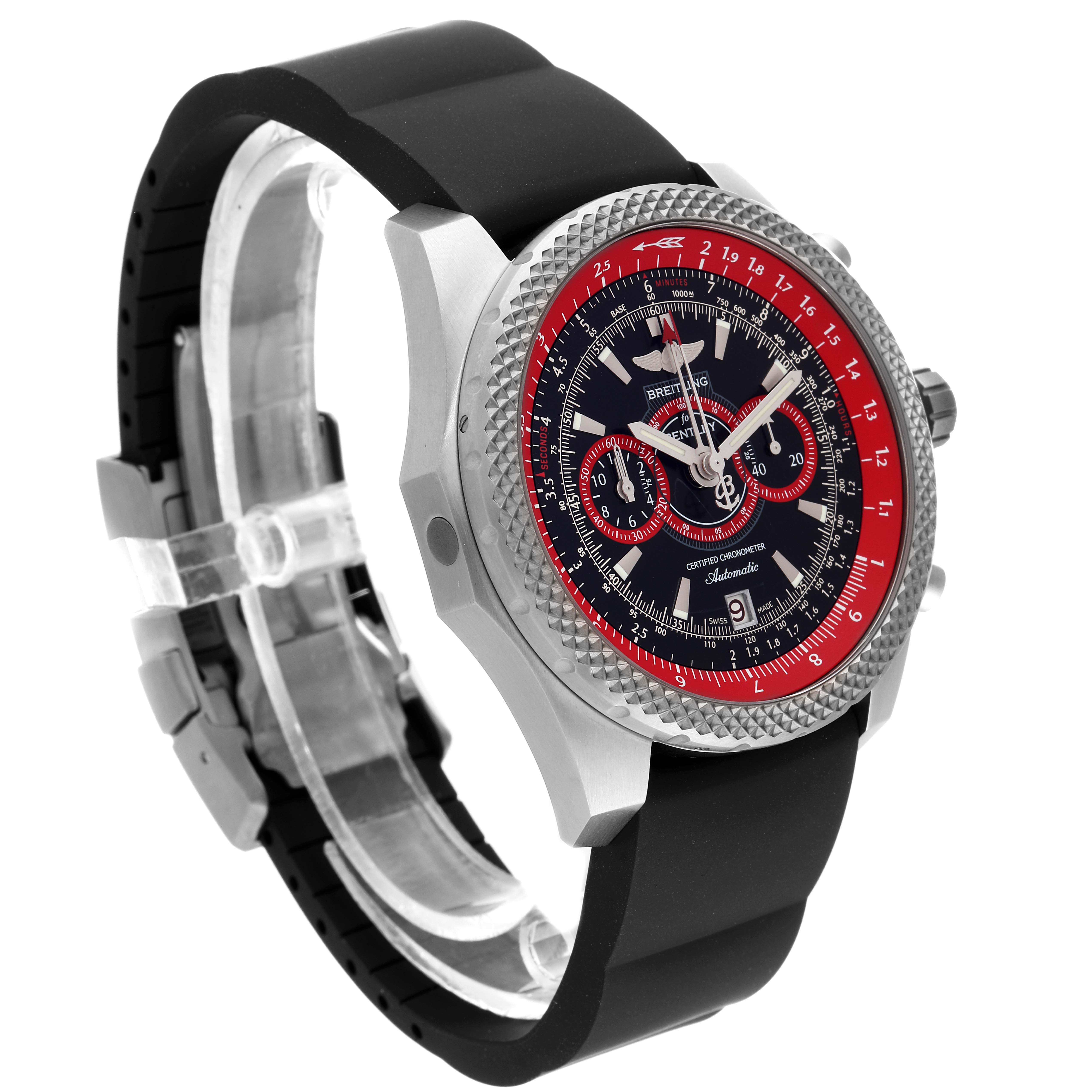 The image shows a Breitling Bentley E27365 Men's Titanium Black Dial E27365 Men's Titanium Black Dial watch at an angle highlighting the face, bezel, and strap.