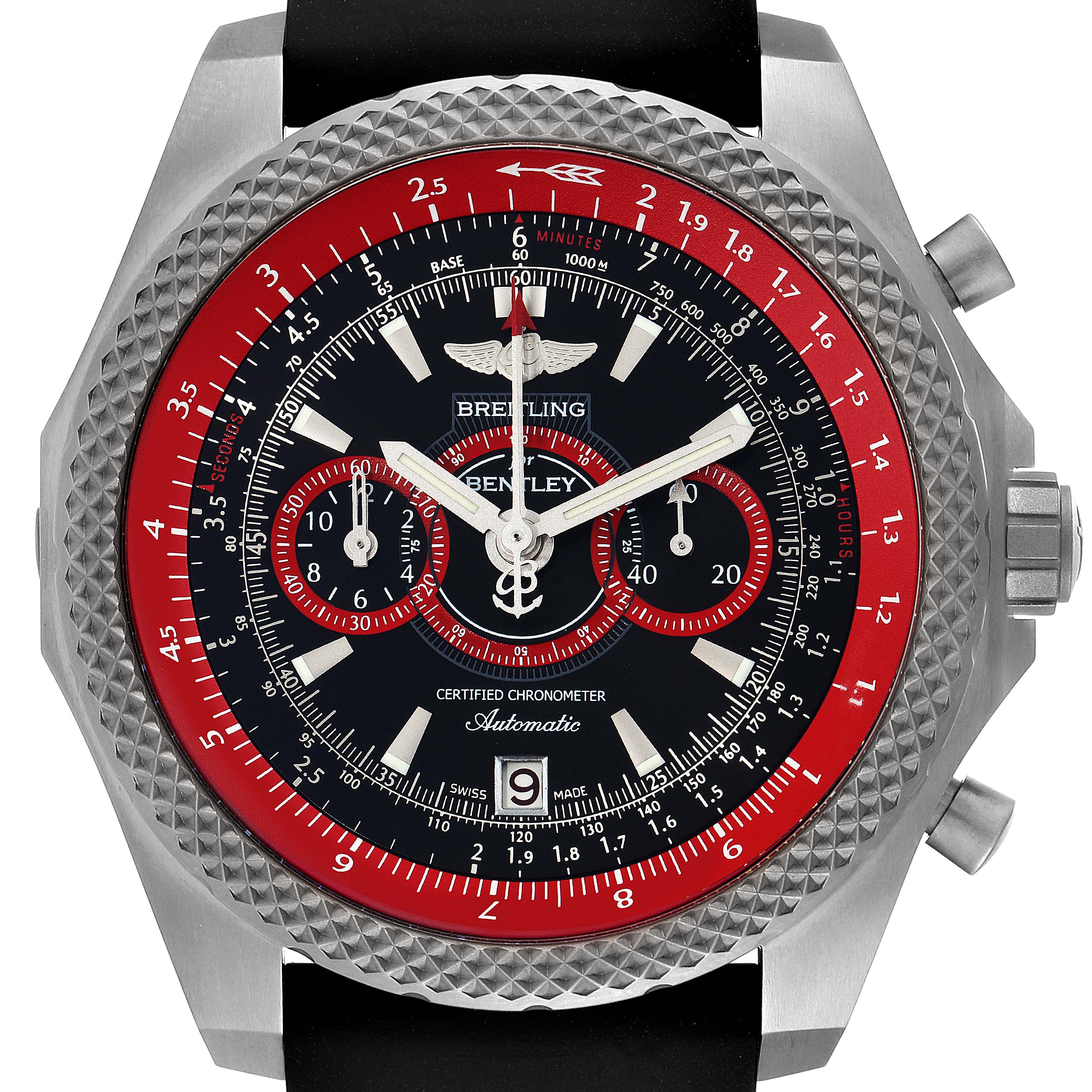 The image shows a front angle of the Breitling Bentley E27365 Men's Titanium Black Dial E27365 Men's Titanium Black Dial watch, displaying its bezel, dial, sub-dials, and crown.