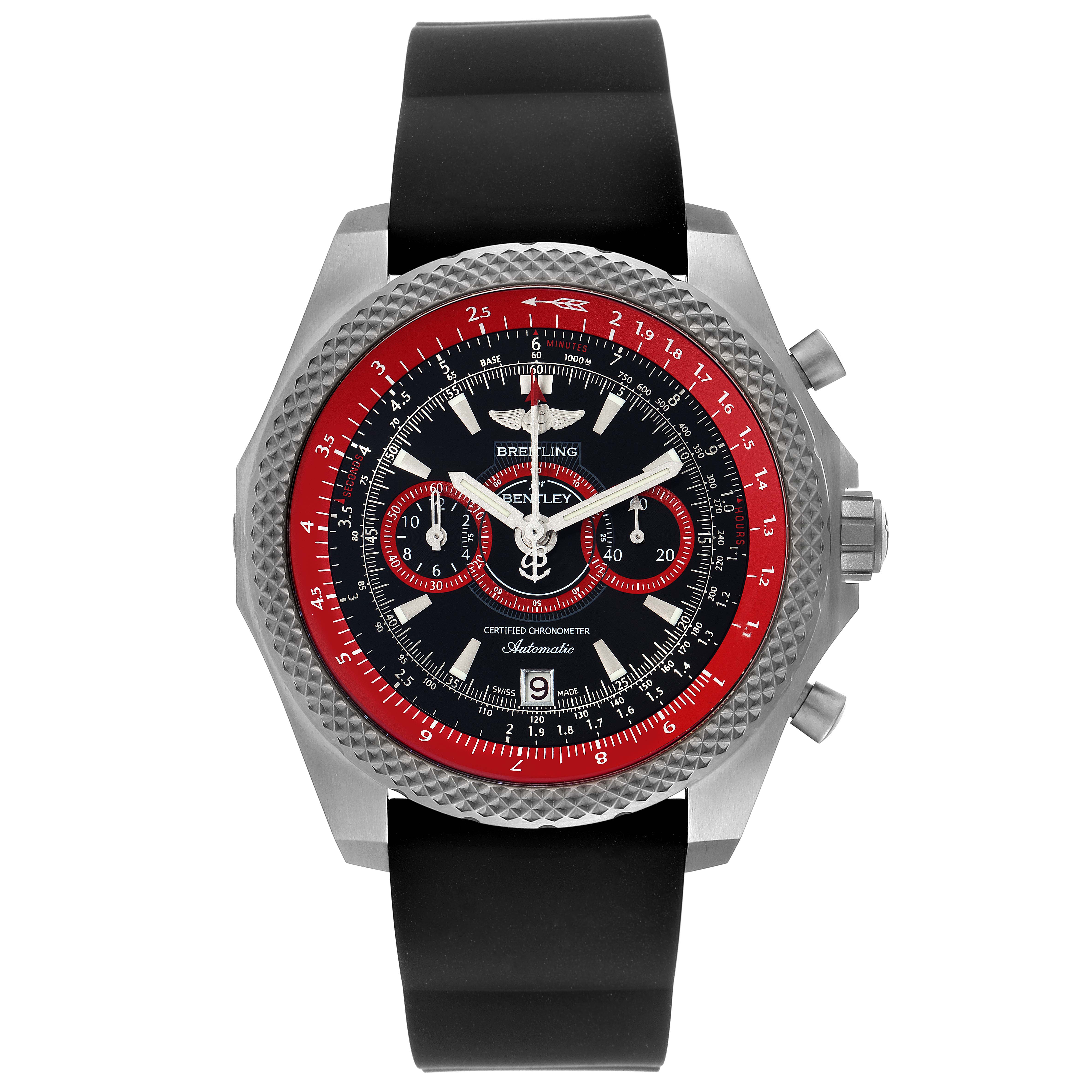 The image shows a front view of the Breitling Bentley E27365 Men's Titanium Black Dial E27365 Men's Titanium Black Dial watch, highlighting the dial, bezel, and strap.