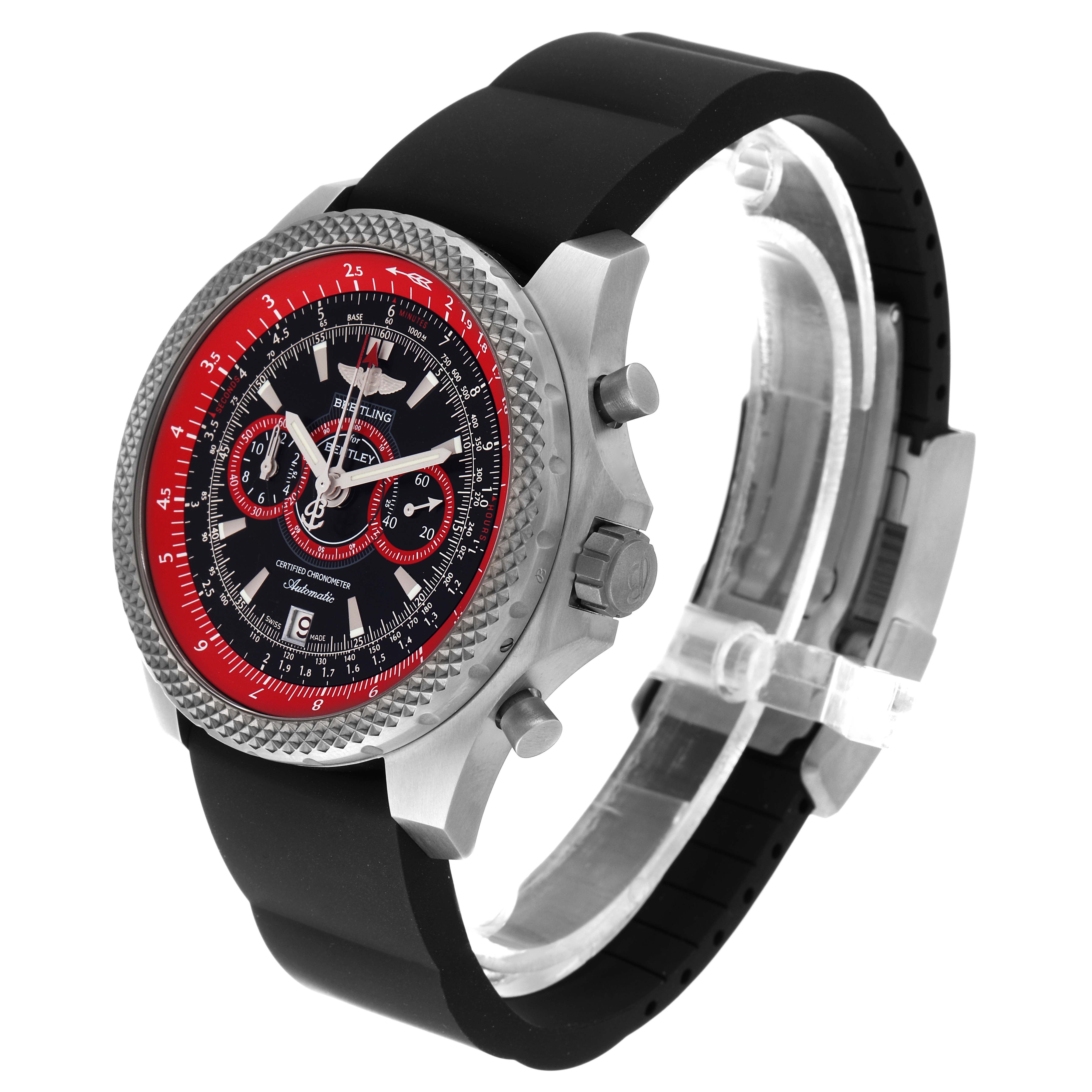 This Breitling Bentley E27365 Men's Titanium Black Dial E27365 Men's Titanium Black Dial watch is shown at a three-quarter angle, highlighting the face, bezel, crown, and strap.