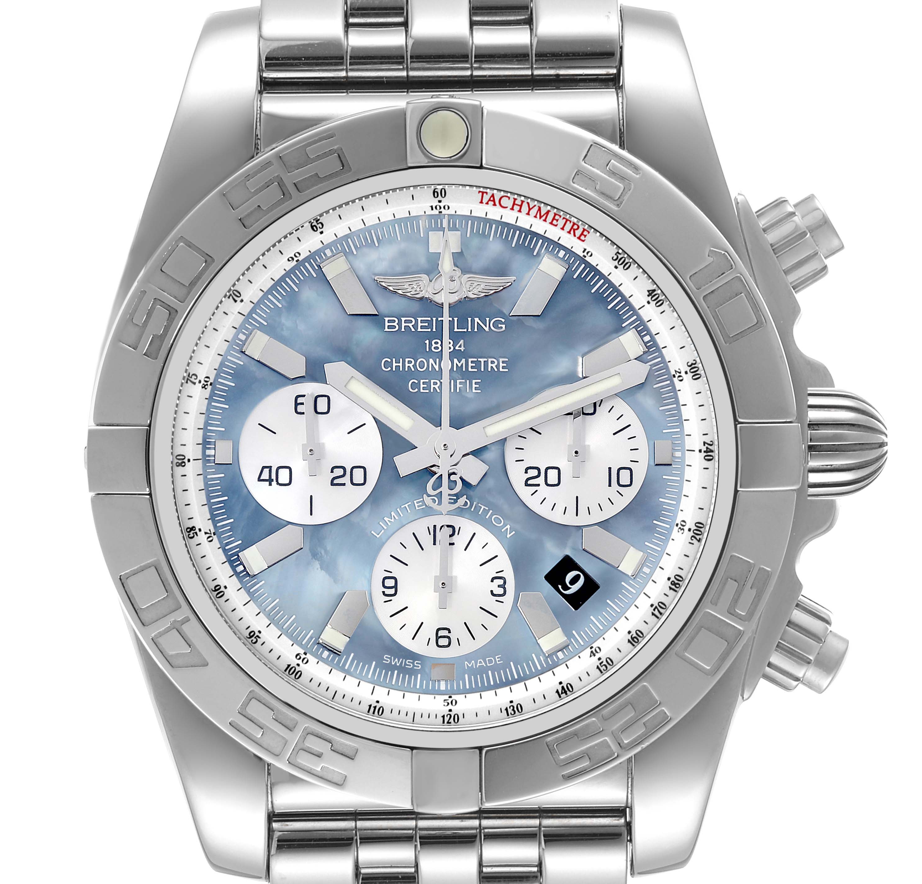 This image shows a front view of a Breitling Chronomat AB0110 Men's Stainless Steel Mother of Pearl Dial AB0110 Men's Stainless Steel Mother of Pearl Dial watch featuring a blue dial and subdials with a stainless steel case and bracelet.