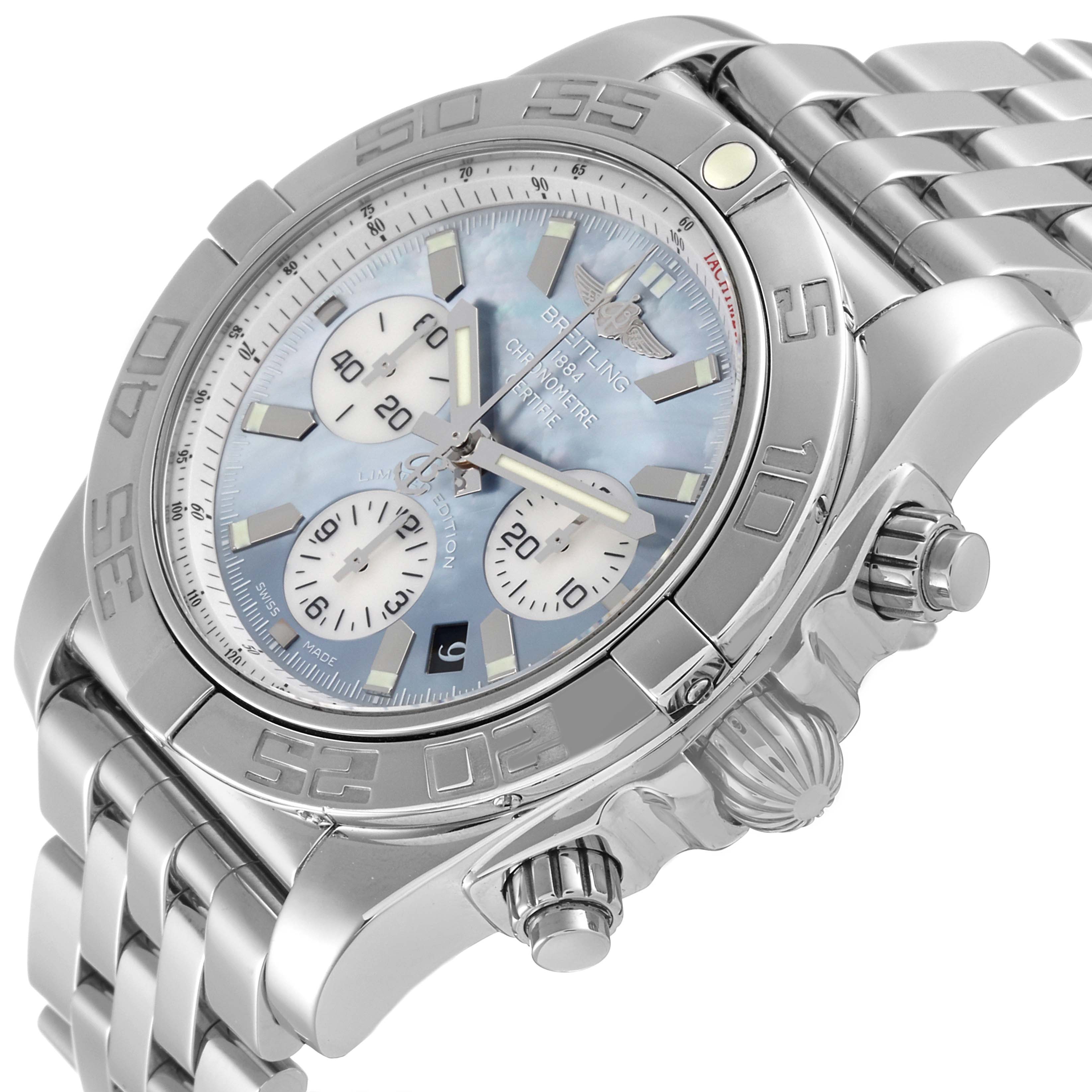 The Breitling Chronomat AB0110 Men's Stainless Steel Mother of Pearl Dial AB0110 Men's Stainless Steel Mother of Pearl Dial watch is shown at an angle highlighting the dial, side buttons, and part of the bracelet.