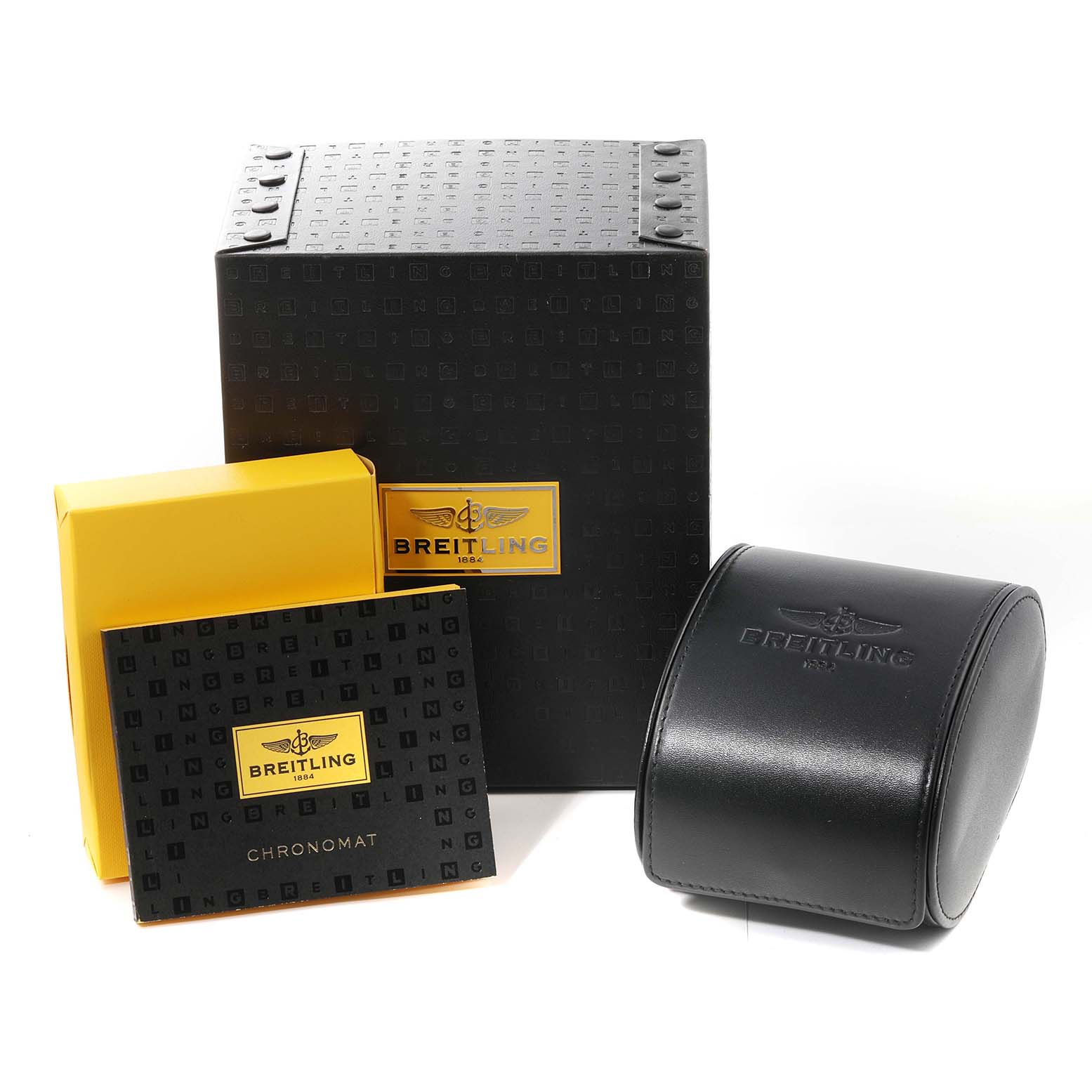 The image shows the packaging, manual, and case for the Breitling Chronomat AB0110 Men's Stainless Steel Mother of Pearl Dial AB0110 Men's Stainless Steel Mother of Pearl Dial watch, photographed from the front.