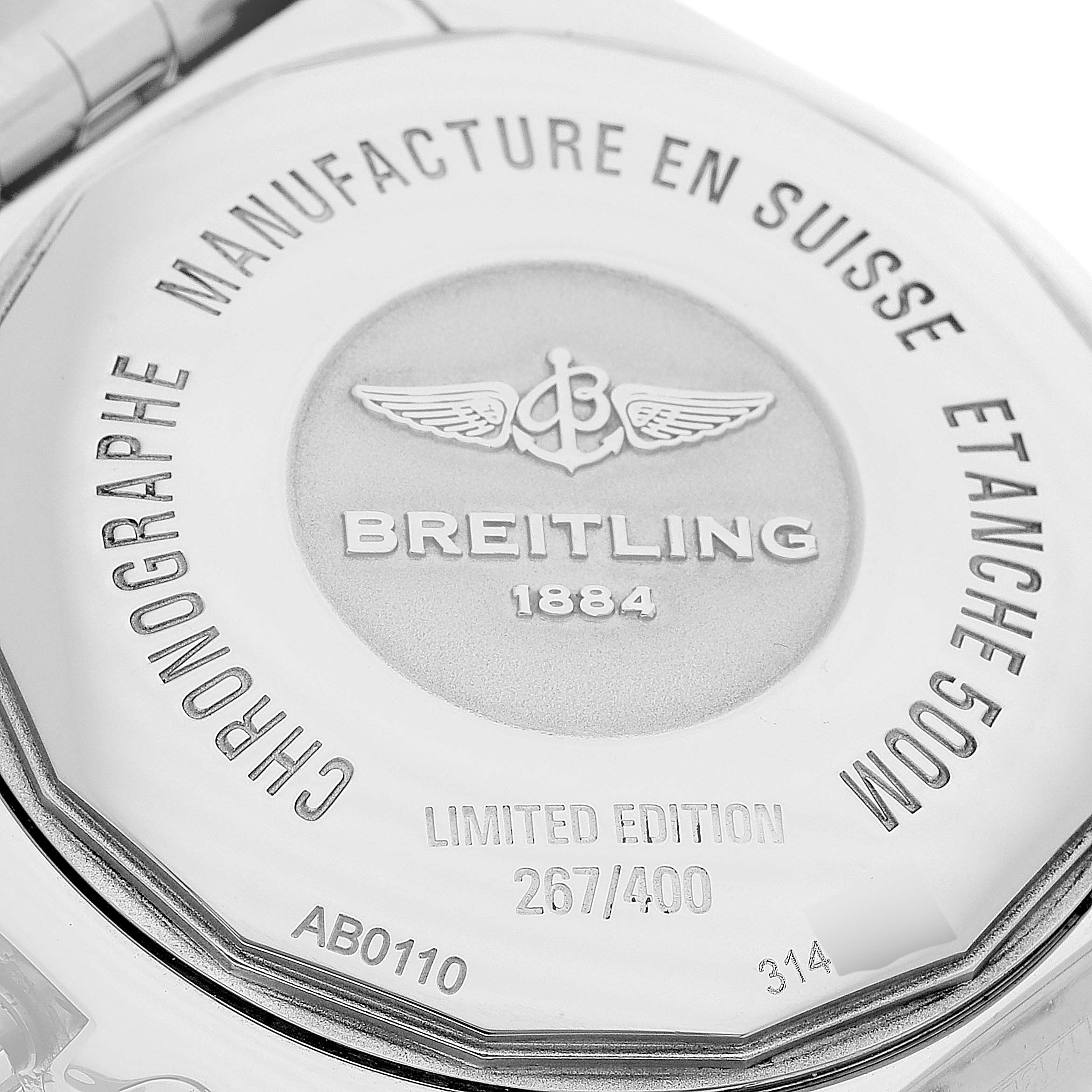 This image shows the back case of the Breitling Chronomat AB0110 Men's Stainless Steel Mother of Pearl Dial AB0110 Men's Stainless Steel Mother of Pearl Dial watch, highlighting its limited edition number and branding.