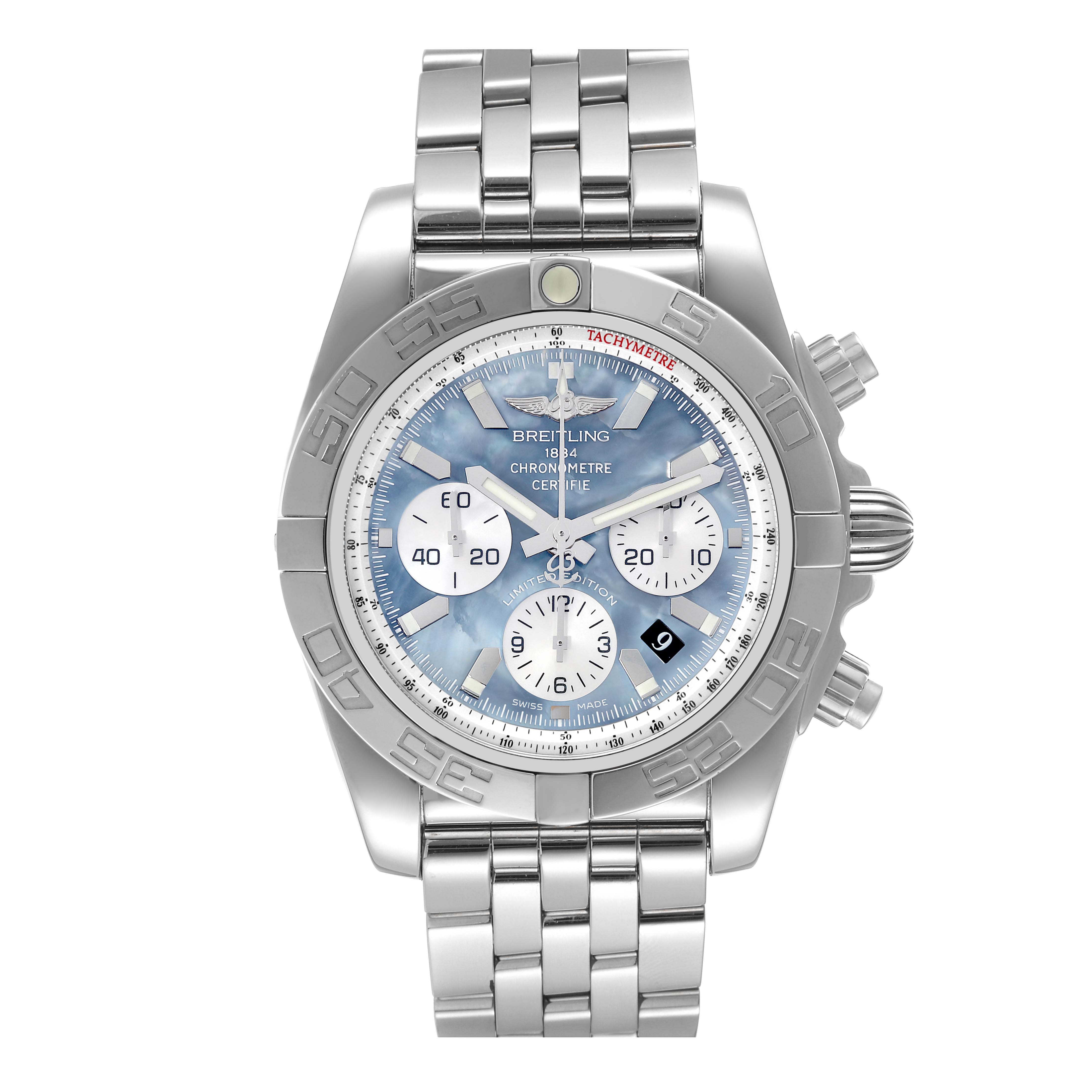 The image shows a front view of the Breitling Chronomat AB0110 Men's Stainless Steel Mother of Pearl Dial AB0110 Men's Stainless Steel Mother of Pearl Dial watch displaying its face, bezel, dial, sub-dials, and bracelet.