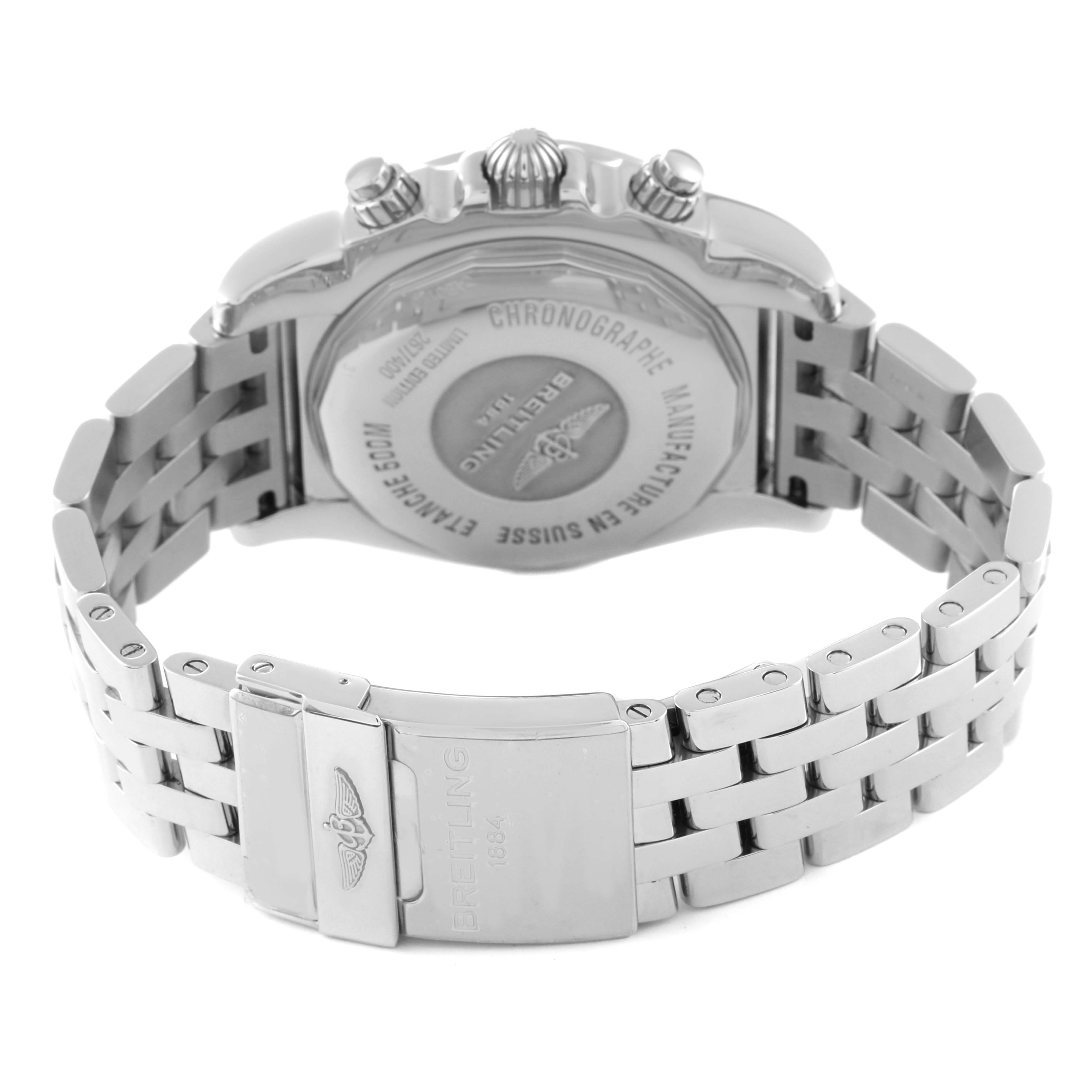 This image shows the back case and bracelet of a Breitling Chronomat AB0110 Men's Stainless Steel Mother of Pearl Dial AB0110 Men's Stainless Steel Mother of Pearl Dial watch at a rear angle.