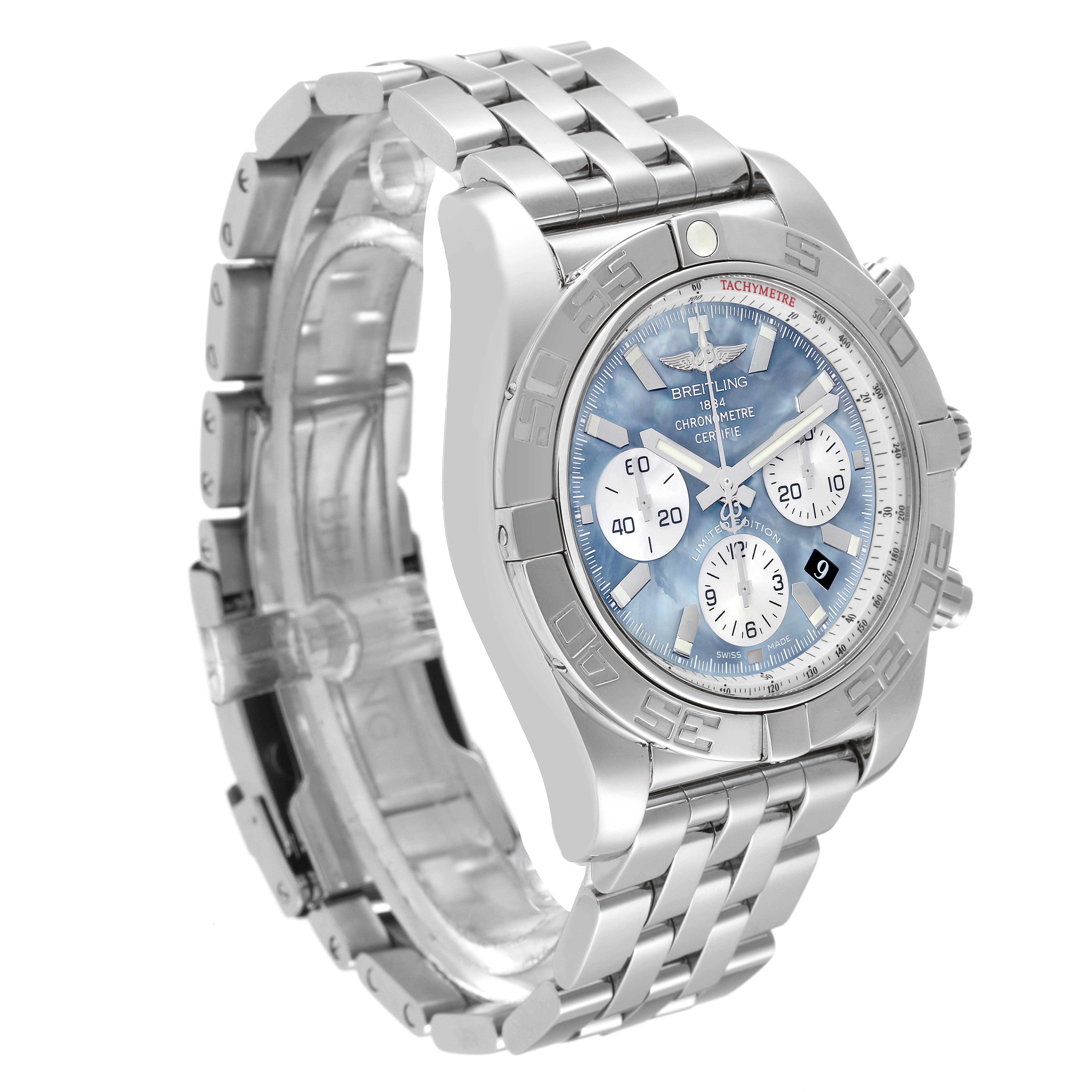 This image shows a side and partial front angle of the Breitling Chronomat AB0110 Men's Stainless Steel Mother of Pearl Dial AB0110 Men's Stainless Steel Mother of Pearl Dial watch, highlighting its steel bracelet and blue dial with subdials.