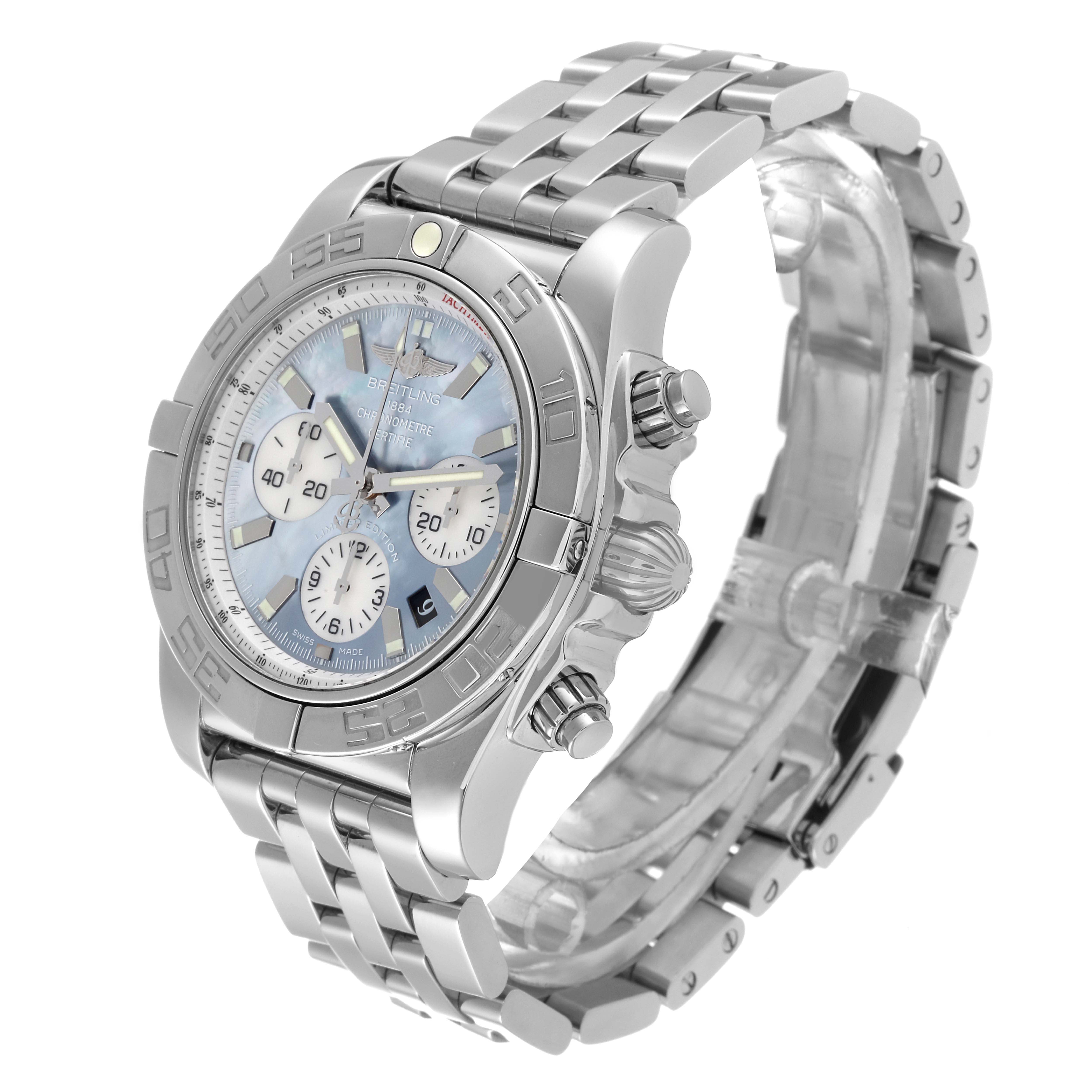 The image shows a side-angle view of the Breitling Chronomat AB0110 Men's Stainless Steel Mother of Pearl Dial AB0110 Men's Stainless Steel Mother of Pearl Dial watch, highlighting its face, crown, pushers, and bracelet.