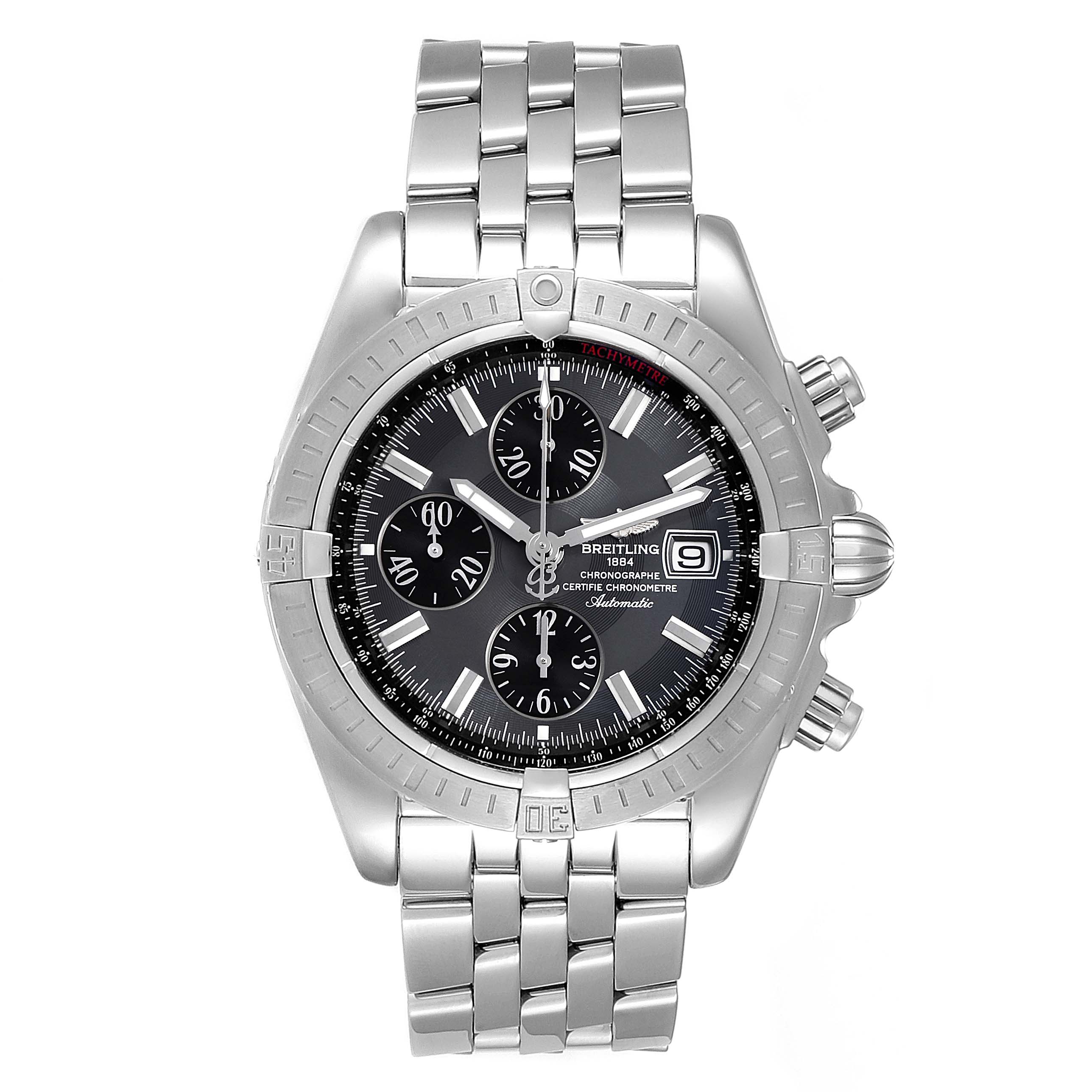This image shows a front view of the Breitling Chronomat A13356 Men
s Stainless Steel Grey Dial A13356 Men
s Stainless Steel Grey Dial watch, highlighting its dial, bezel, crown, pushers, and stainless steel bracelet.