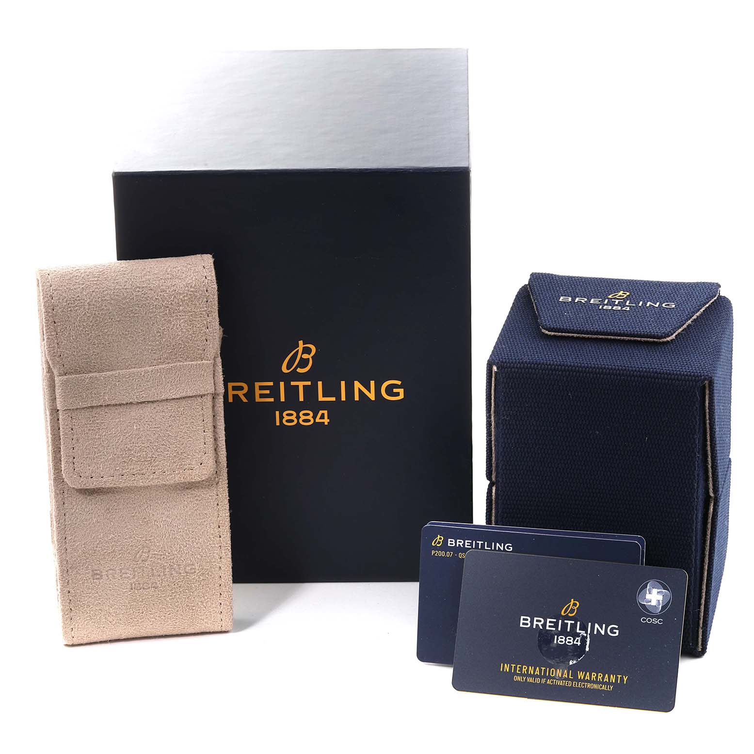 The image shows the box, pouch, case, and warranty cards for the Breitling Chronomat A32398 Men
s Stainless Steel White Dial A32398 Men
s Stainless Steel White Dial watch model, captured from the front.