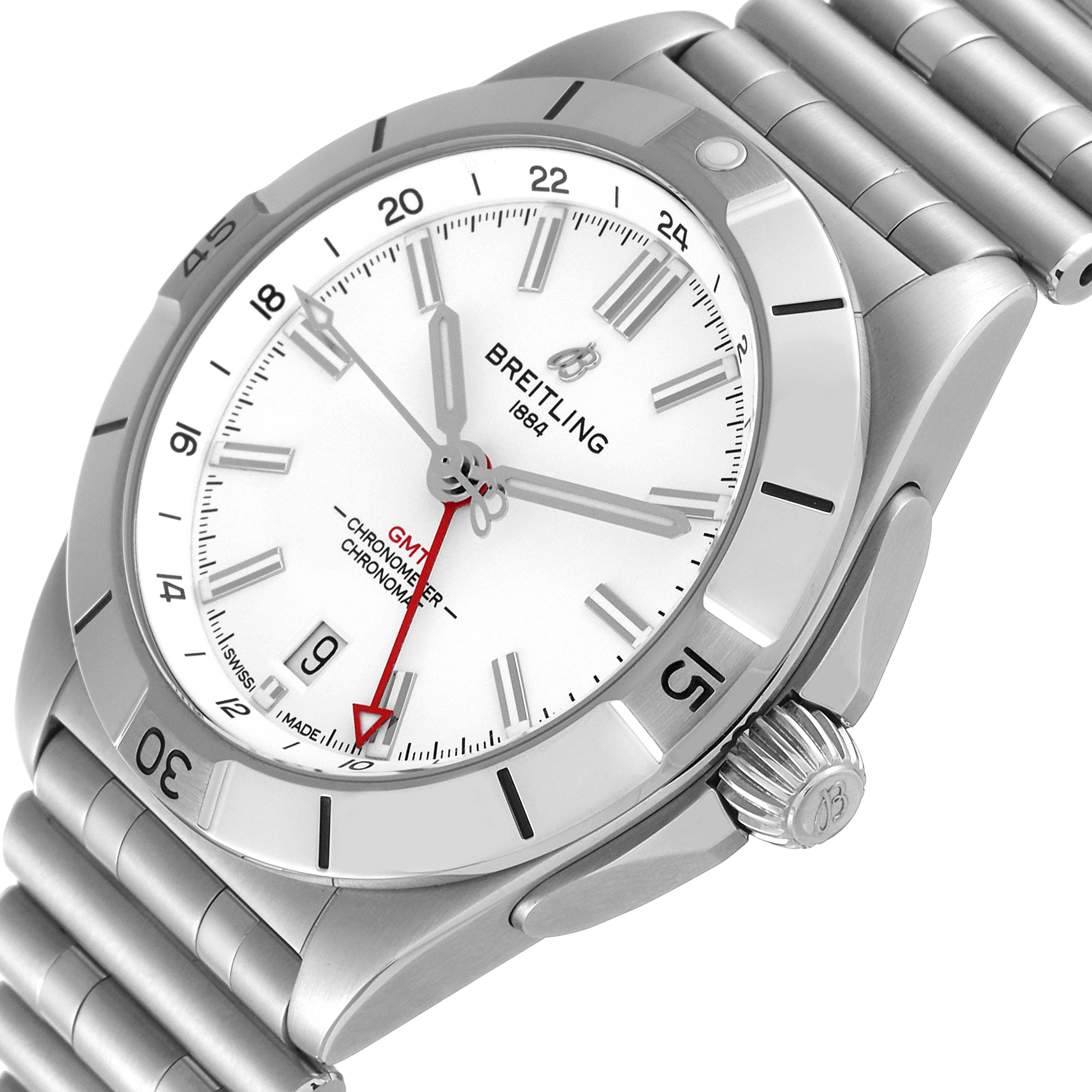 The image shows a close-up angle of the Breitling Chronomat A32398 Men
s Stainless Steel White Dial A32398 Men
s Stainless Steel White Dial watch face and part of the metal bracelet.