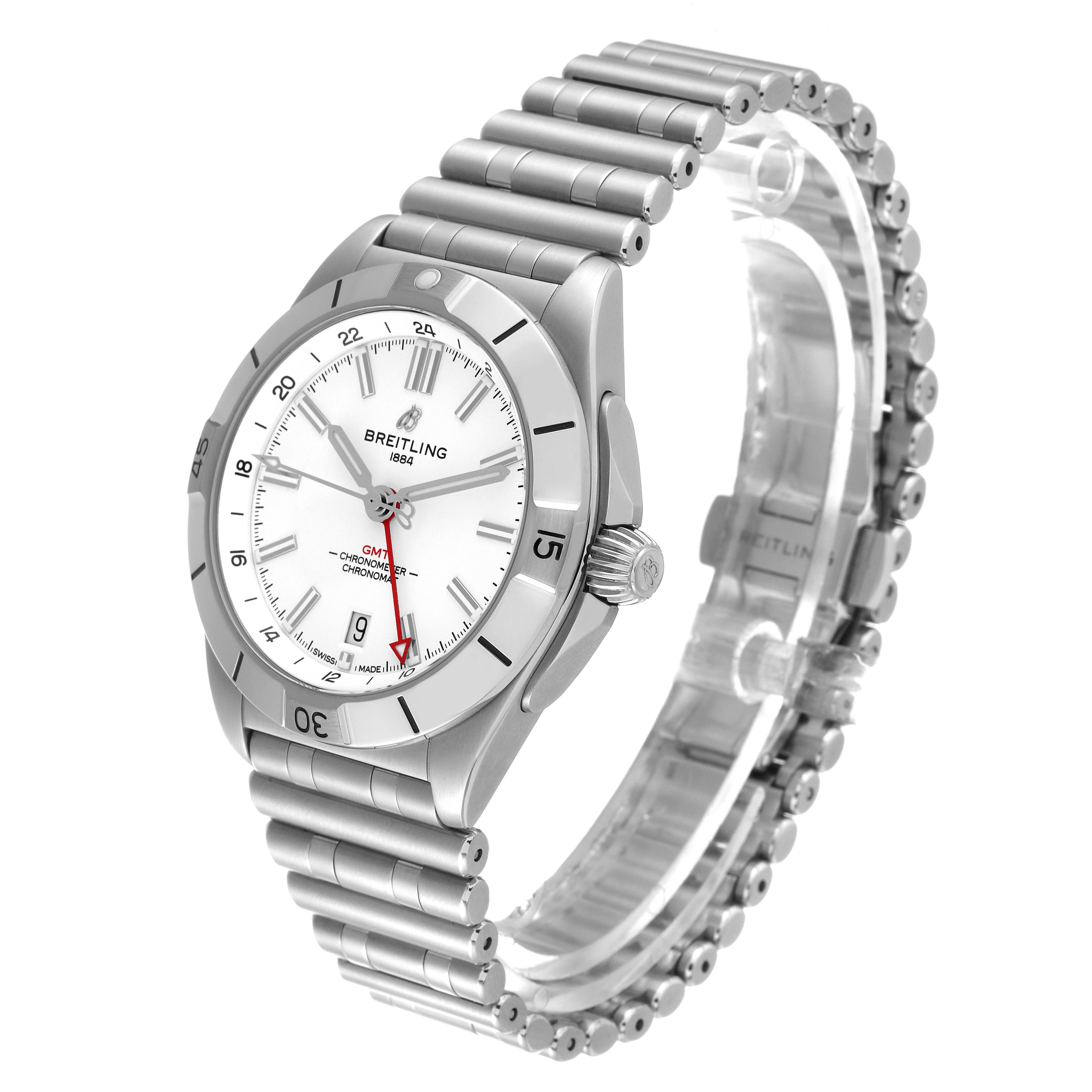 The image shows a Breitling Chronomat A32398 Men
s Stainless Steel White Dial A32398 Men
s Stainless Steel White Dial watch at a 3/4 angle, highlighting the dial, bezel, crown, and bracelet.