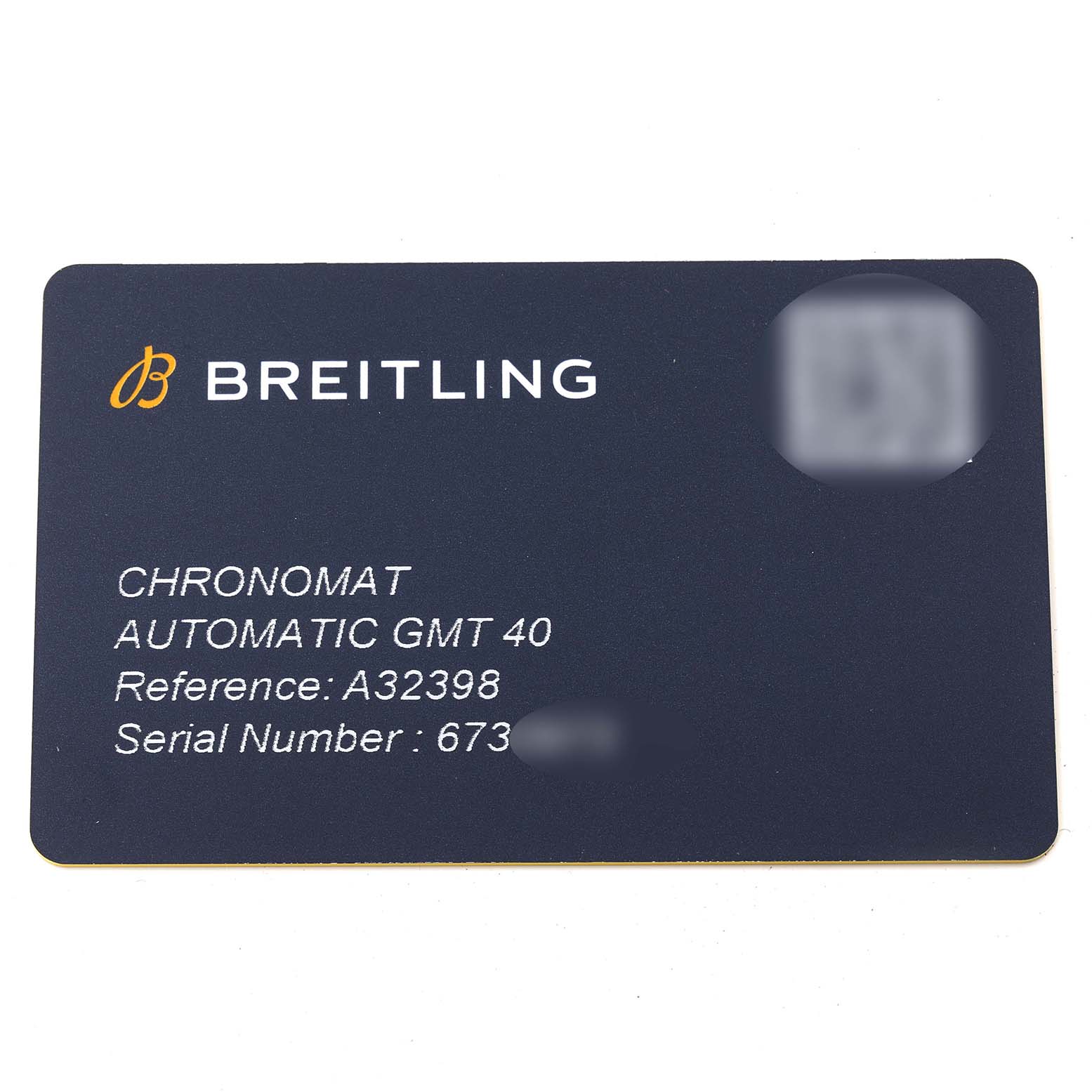 The image shows a warranty card for the Breitling Chronomat A32398 Men
s Stainless Steel White Dial A32398 Men
s Stainless Steel White Dial Automatic GMT 40 model, detailing its reference and serial numbers.