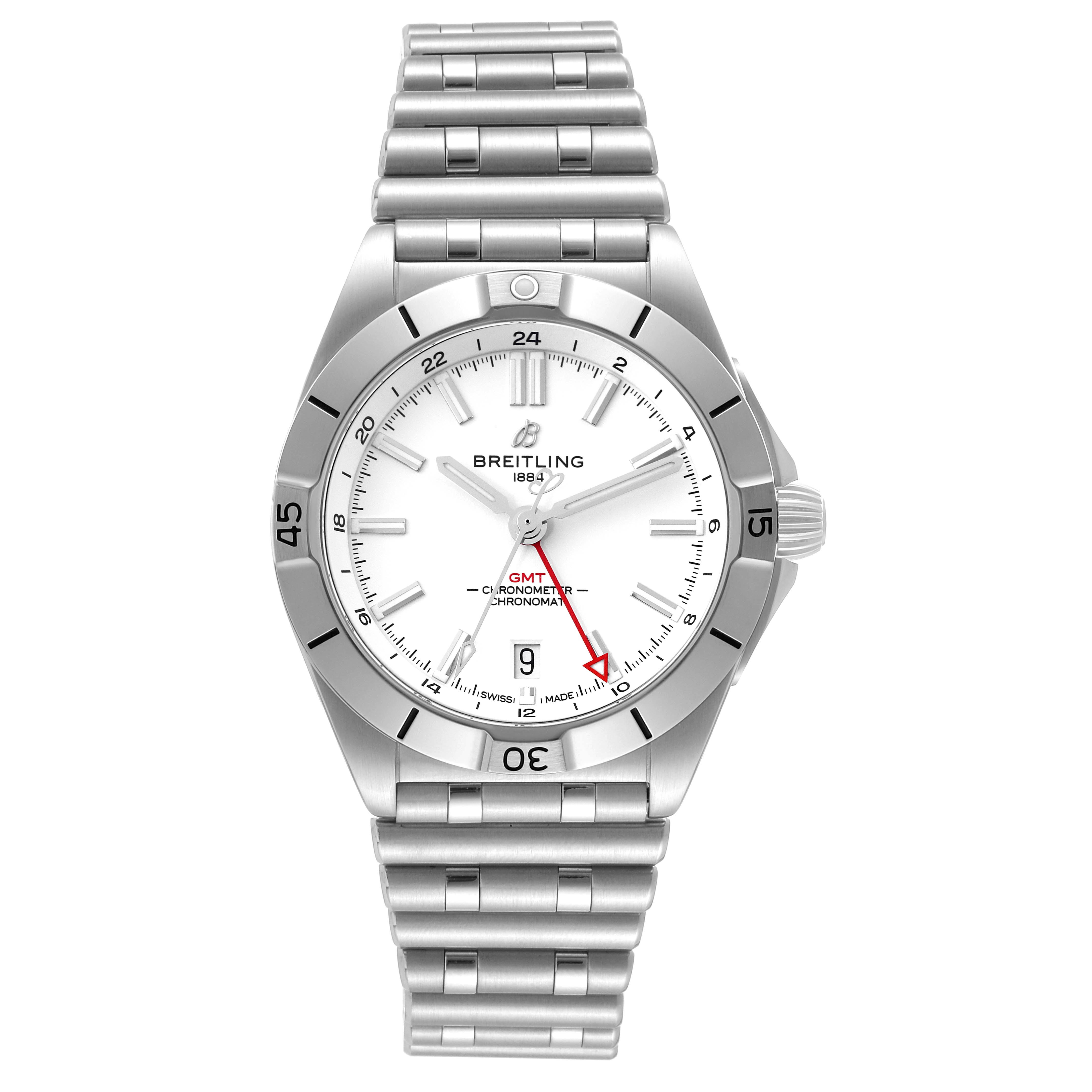 The Breitling Chronomat A32398 Men
s Stainless Steel White Dial A32398 Men
s Stainless Steel White Dial watch is shown from the front, displaying its face, bezel, and metal bracelet.