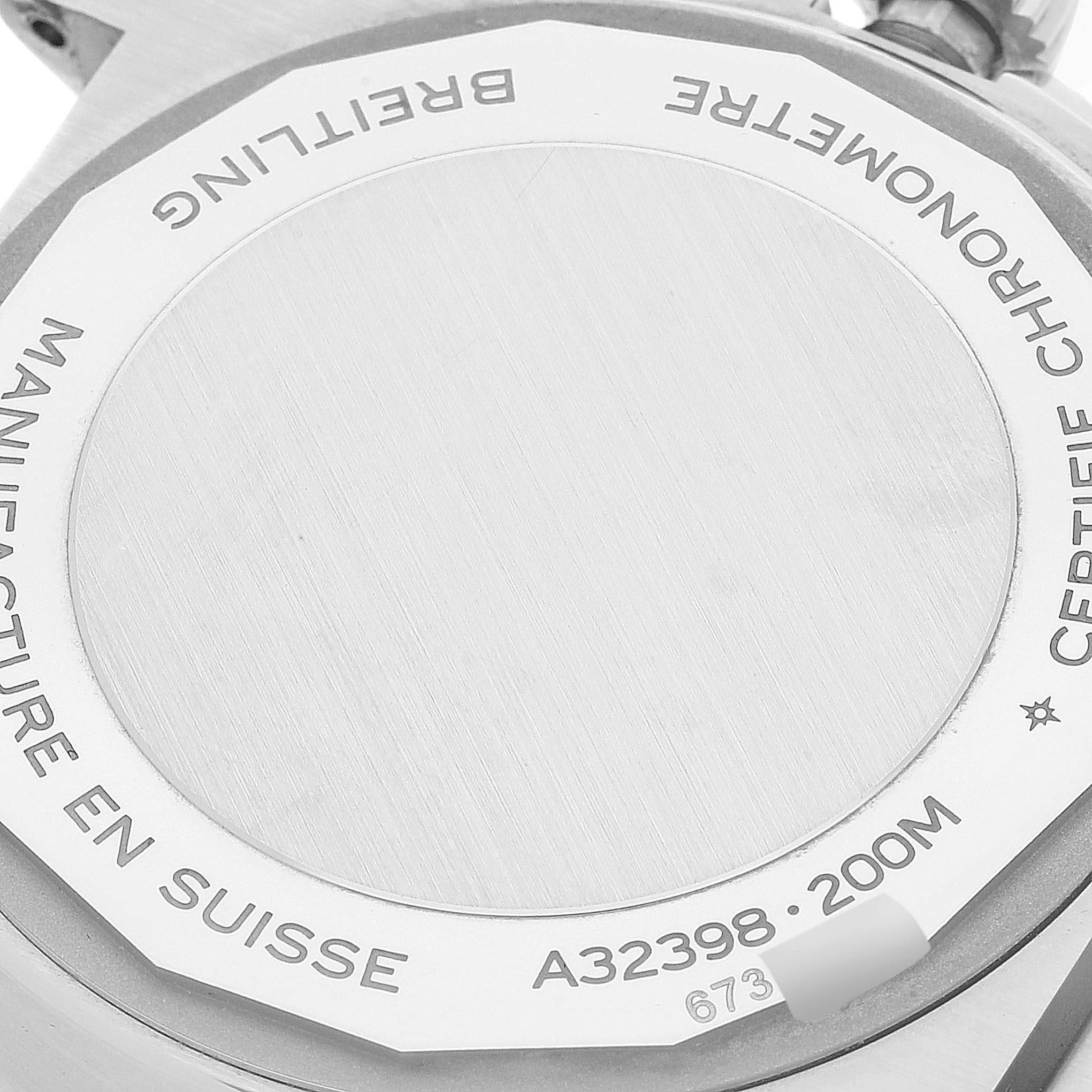 This image shows the back case of the Breitling Chronomat A32398 Men
s Stainless Steel White Dial A32398 Men
s Stainless Steel White Dial watch model A32398, displaying its water-resistance and manufacturing details.