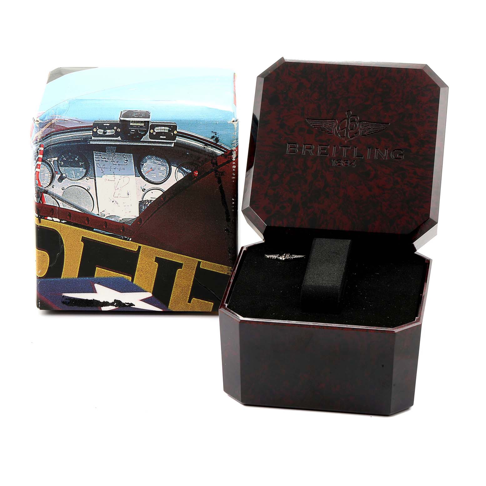 This image shows a Breitling Chronomat B13050 Men's Steel and Gold (two tone) Silver Dial B13050 Men's Steel and Gold (two tone) Silver Dial watch's packaging and presentation box, viewed from an angled perspective.