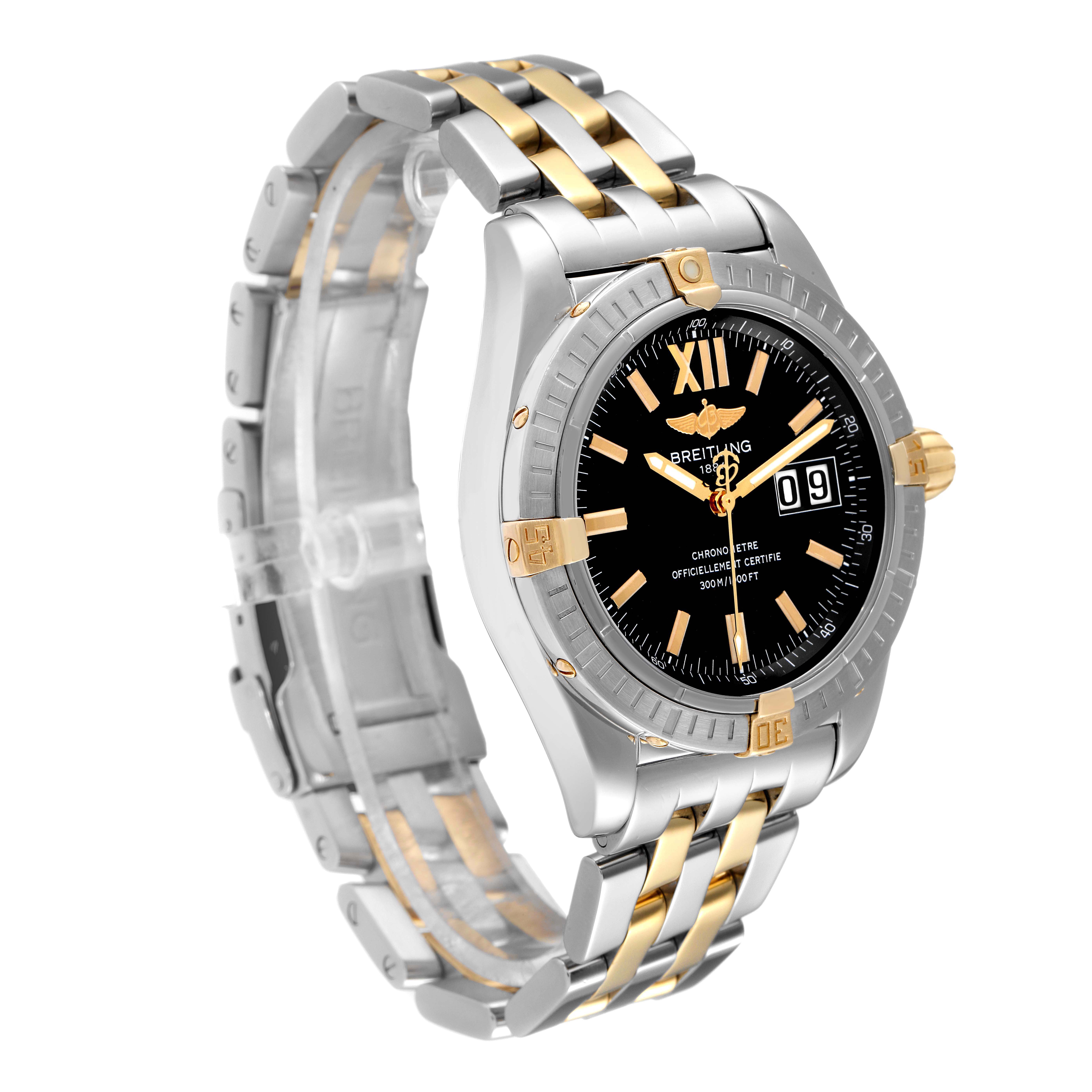 The image shows a side view of the Breitling Windrider B49350 Men's Steel and Gold (two tone) Black Dial B49350 Men's Steel and Gold (two tone) Black Dial watch, highlighting its gold and silver bracelet and black dial.