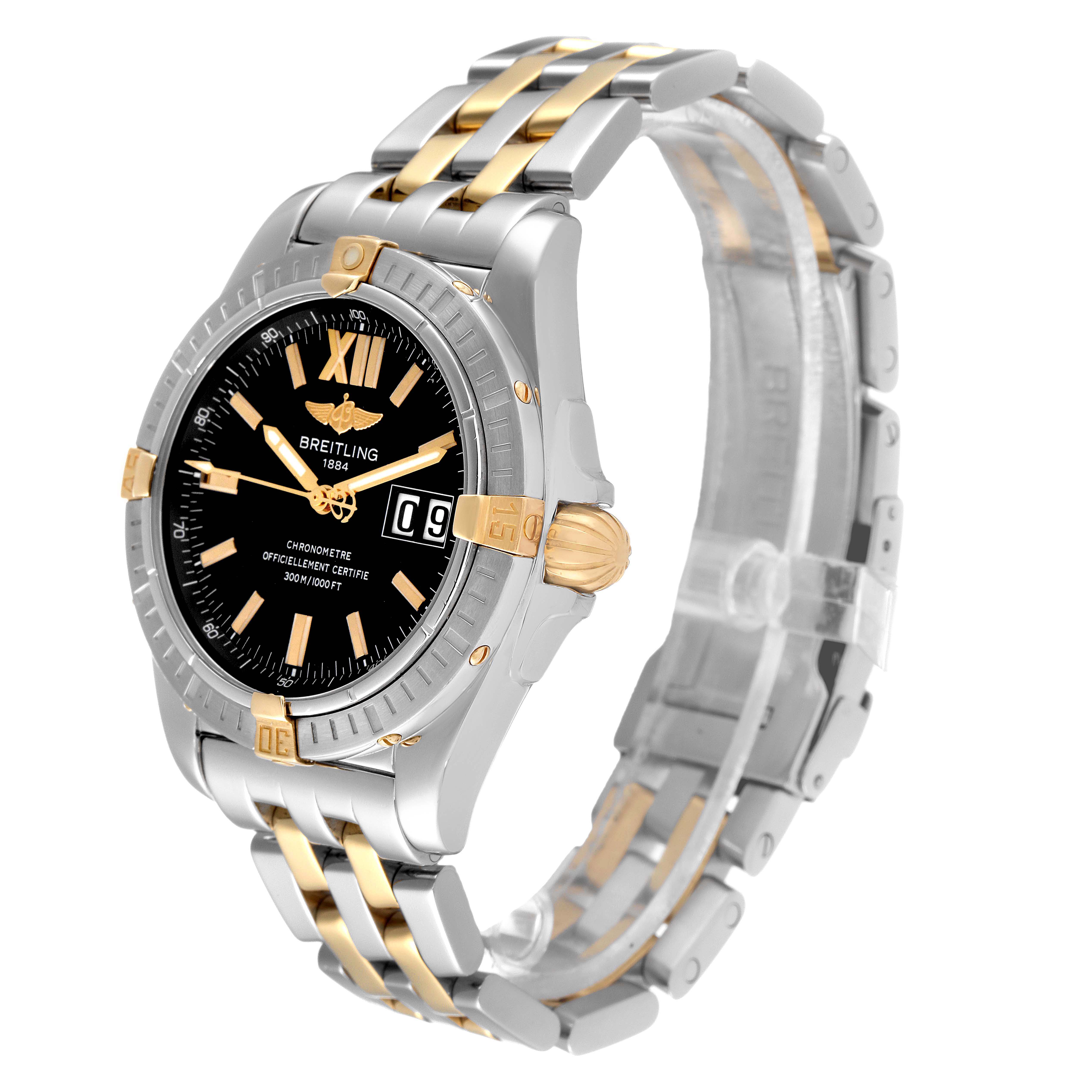 The Breitling Windrider B49350 Men's Steel and Gold (two tone) Black Dial B49350 Men's Steel and Gold (two tone) Black Dial watch is shown at a three-quarter angle, highlighting its two-tone bracelet, black dial, and crown.