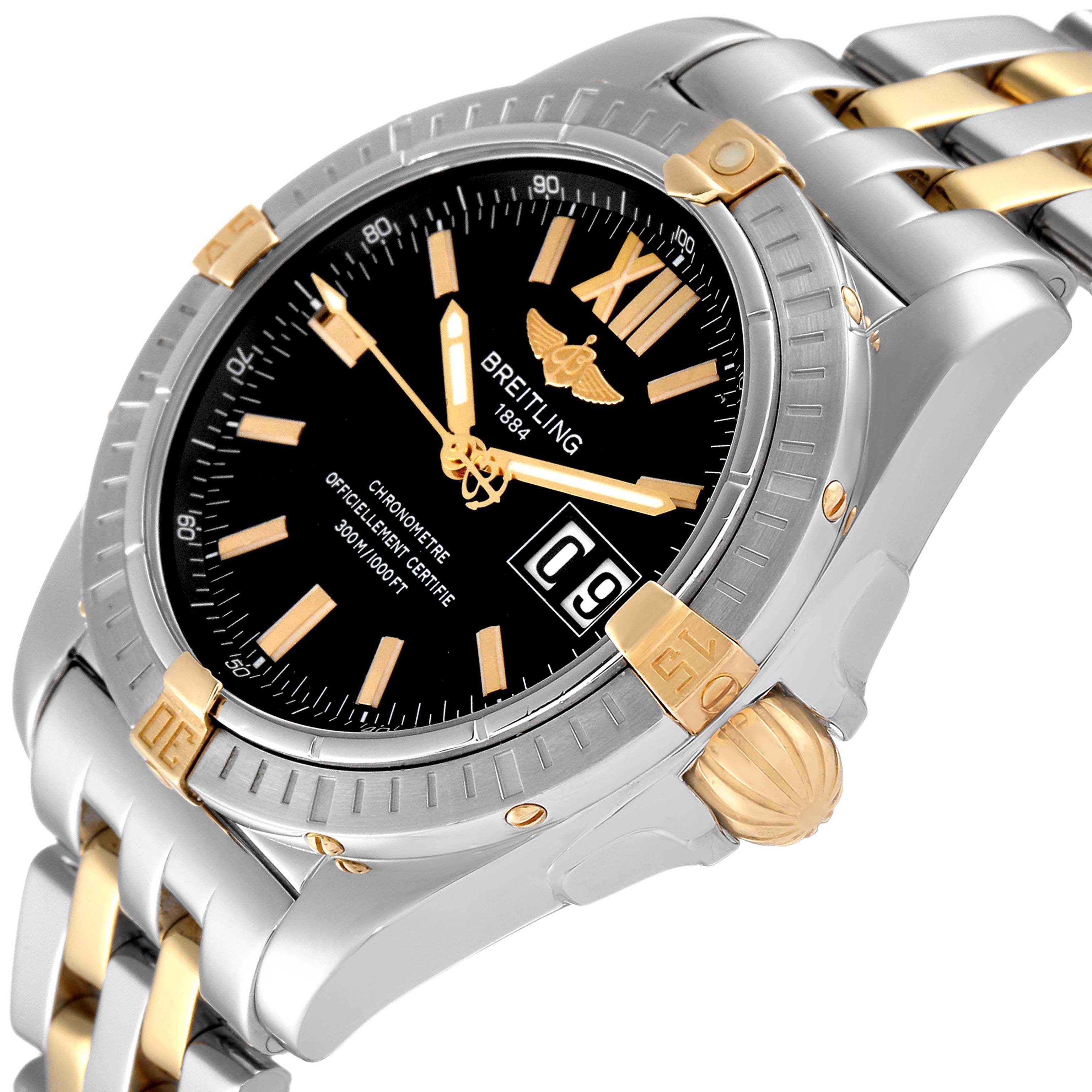 The Breitling Windrider B49350 Men's Steel and Gold (two tone) Black Dial B49350 Men's Steel and Gold (two tone) Black Dial watch is shown at a three-quarter angle, displaying the dial, crown, bezel, and part of the bracelet.