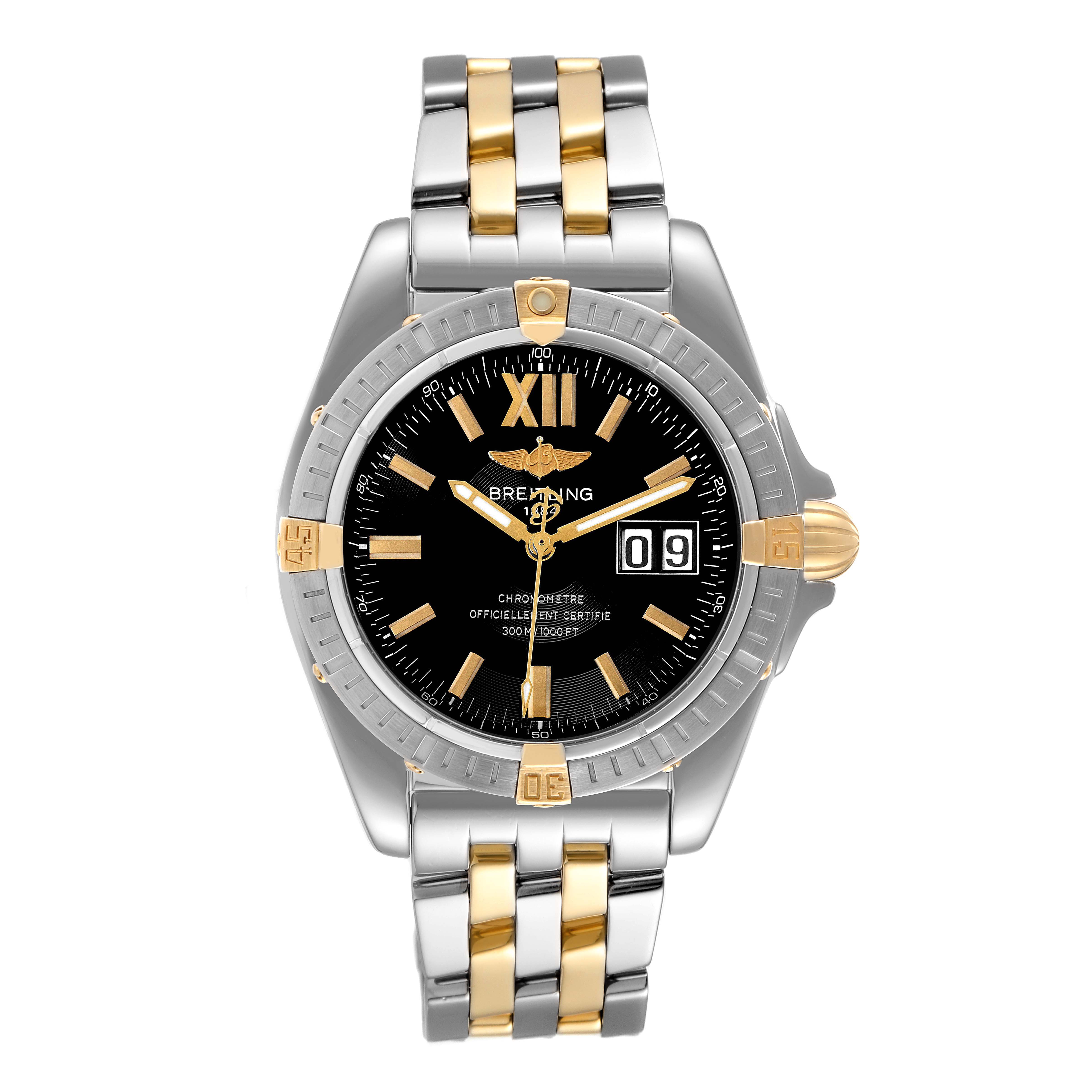 This image shows a full frontal view of the Breitling Windrider B49350 Men's Steel and Gold (two tone) Black Dial B49350 Men's Steel and Gold (two tone) Black Dial watch with a two-tone bracelet and black dial.