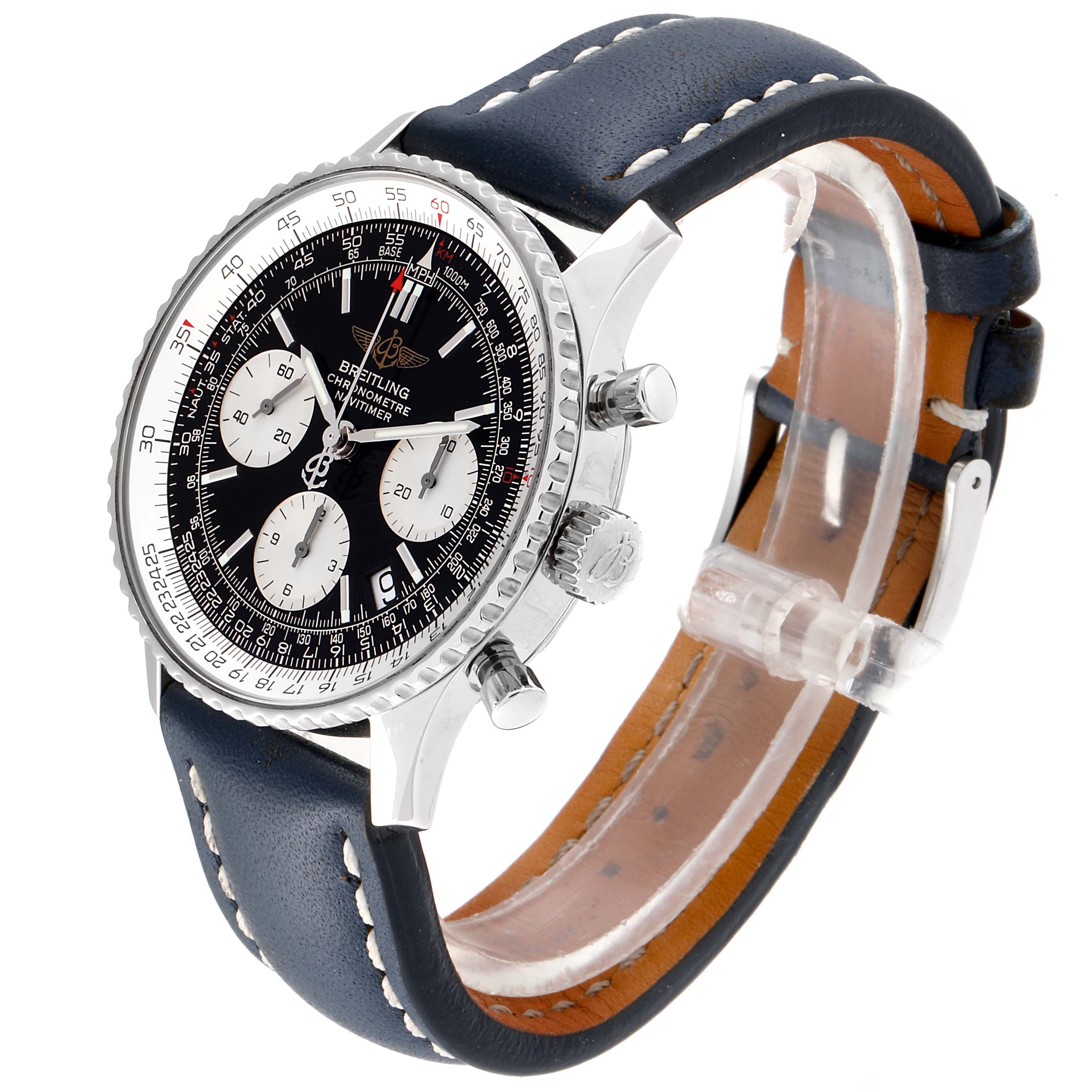 The image shows the front and side view of a Breitling Navitimer A23322 Men's Stainless Steel Black Dial A23322 Men's Stainless Steel Black Dial watch, highlighting its dial, bezel, pushers, and leather strap.