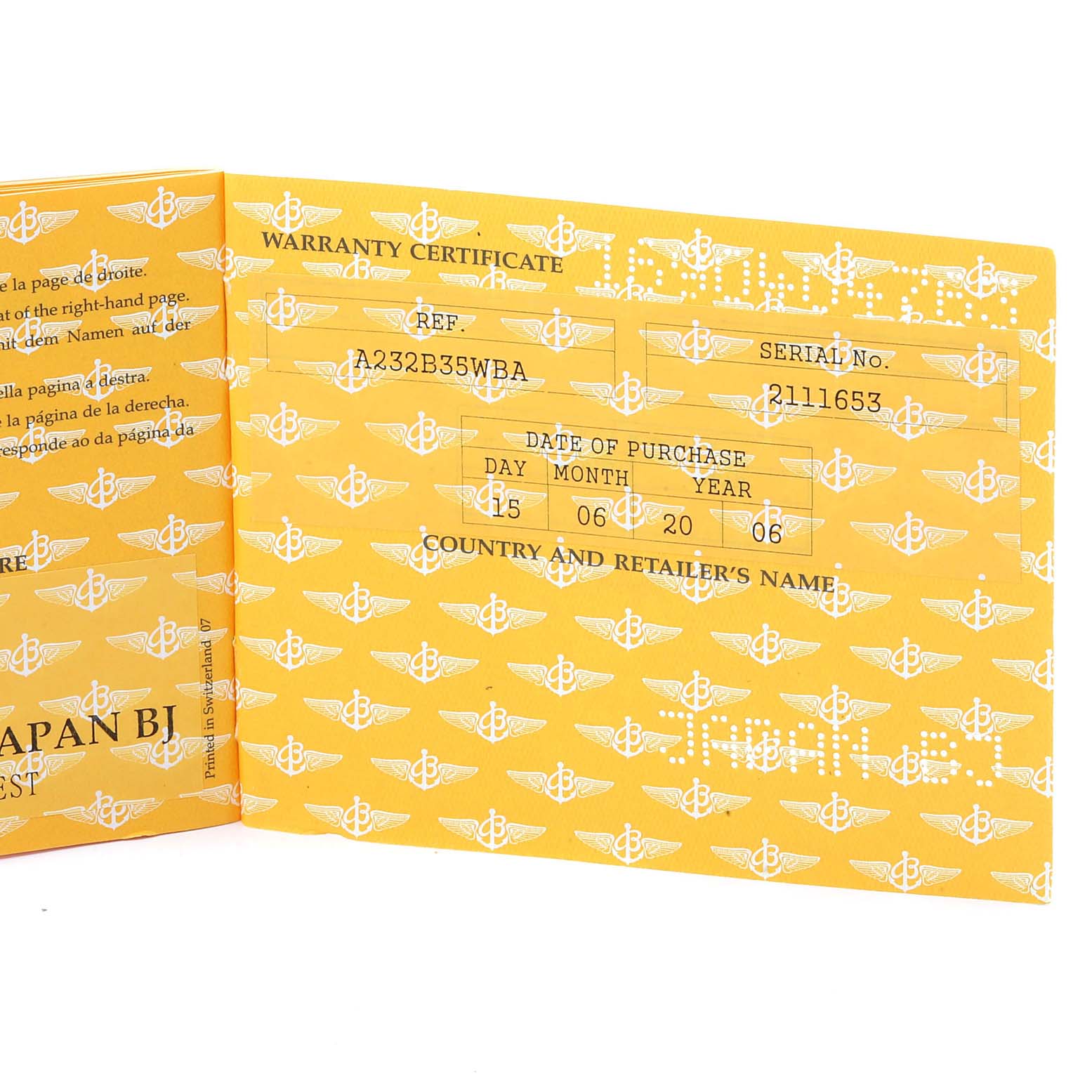 This image shows the warranty certificate for a Breitling Navitimer A23322 Men's Stainless Steel Black Dial A23322 Men's Stainless Steel Black Dial model watch, featuring a yellow background with logos.