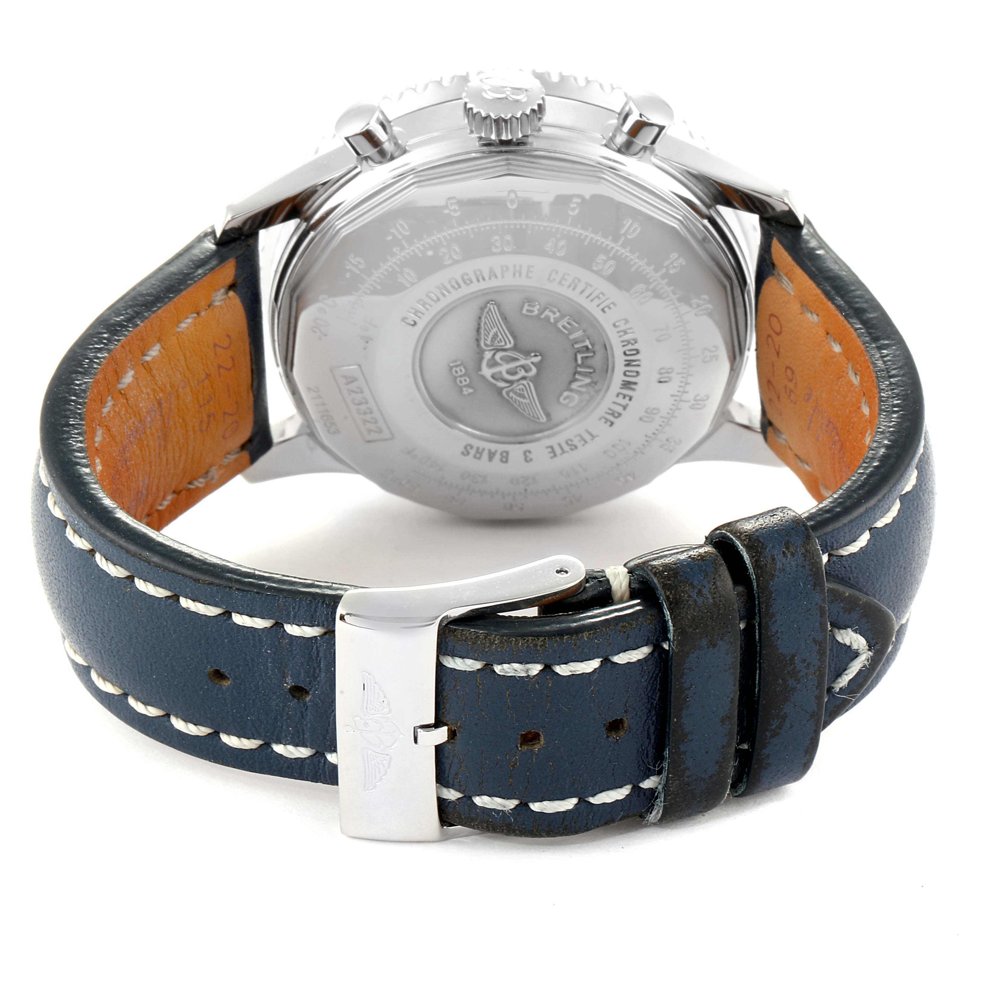 The image shows the back of a Breitling Navitimer A23322 Men's Stainless Steel Black Dial A23322 Men's Stainless Steel Black Dial watch, featuring the case back, crown, pushers, and leather strap with buckle.