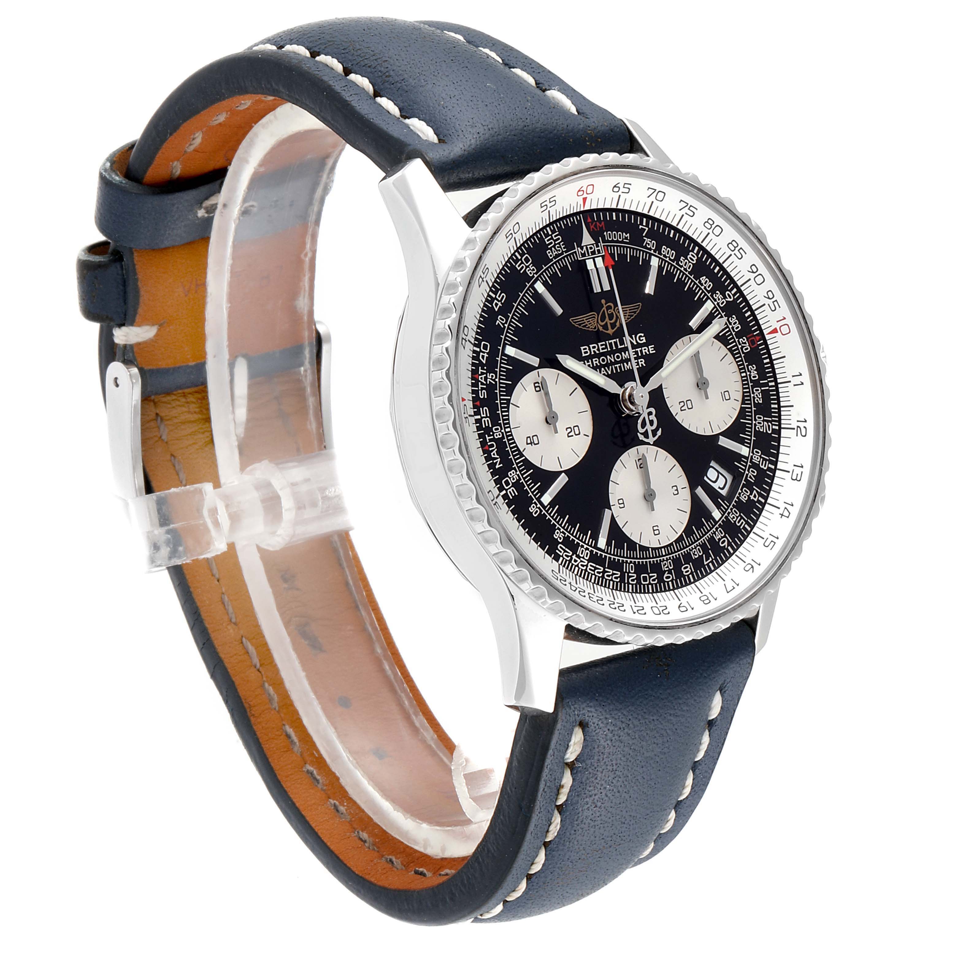 The image shows a Breitling Navitimer A23322 Men's Stainless Steel Black Dial A23322 Men's Stainless Steel Black Dial watch angled to display the face, bezel, and leather strap.