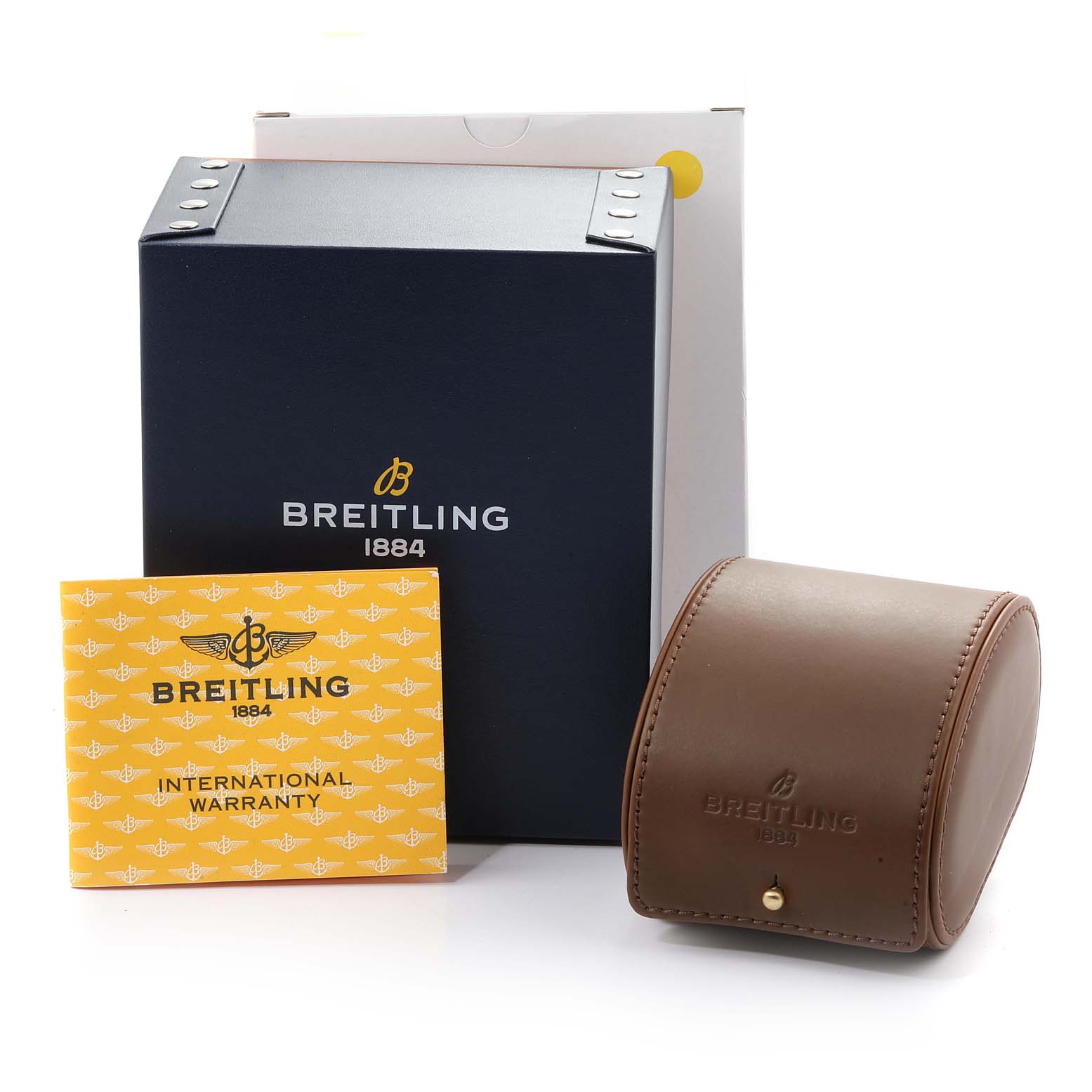 The image shows the packaging, warranty card, and carrying case for a Breitling Navitimer A23322 Men's Stainless Steel Black Dial A23322 Men's Stainless Steel Black Dial watch.