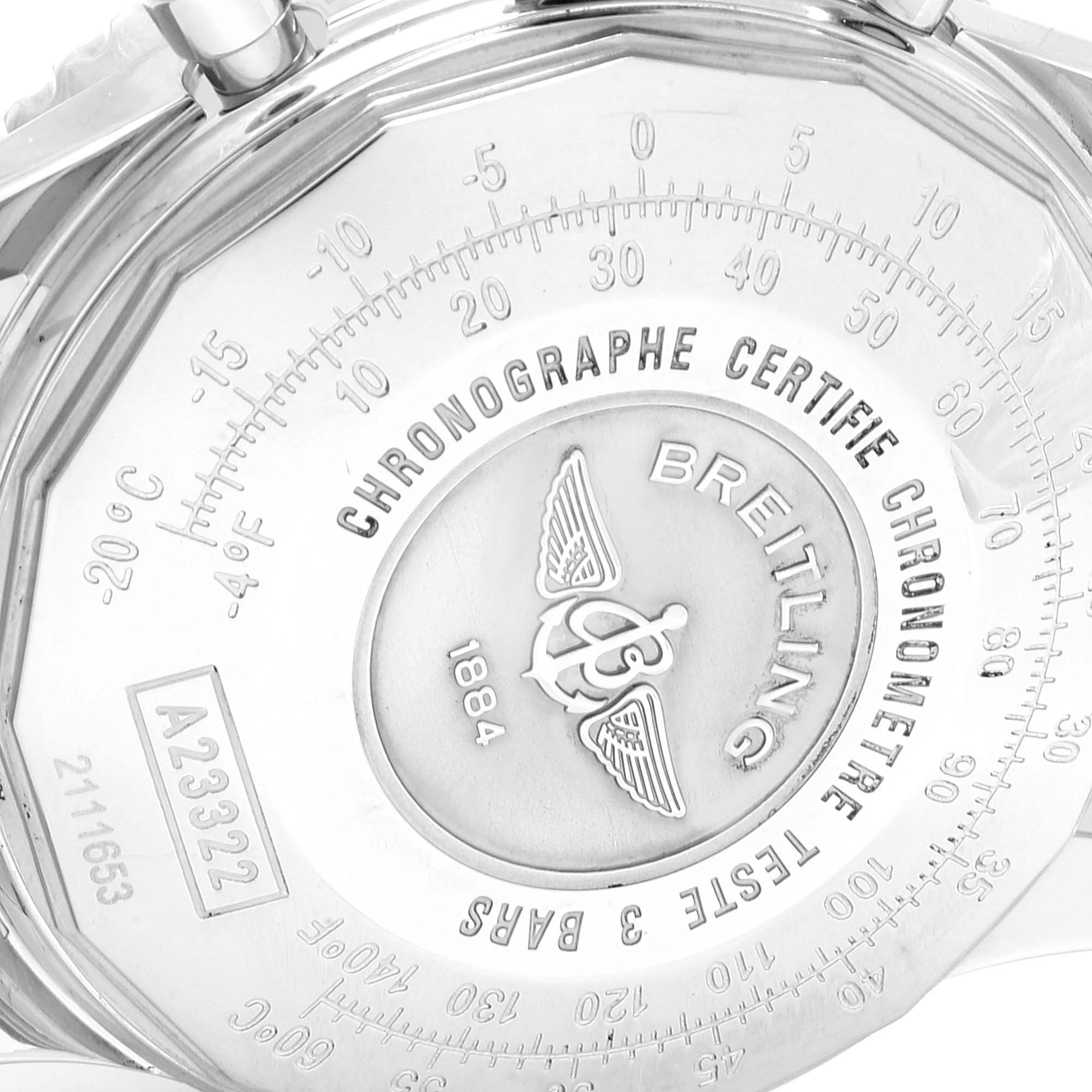 The image shows the case back of a Breitling Navitimer A23322 Men's Stainless Steel Black Dial A23322 Men's Stainless Steel Black Dial watch, featuring engravings and brand details.