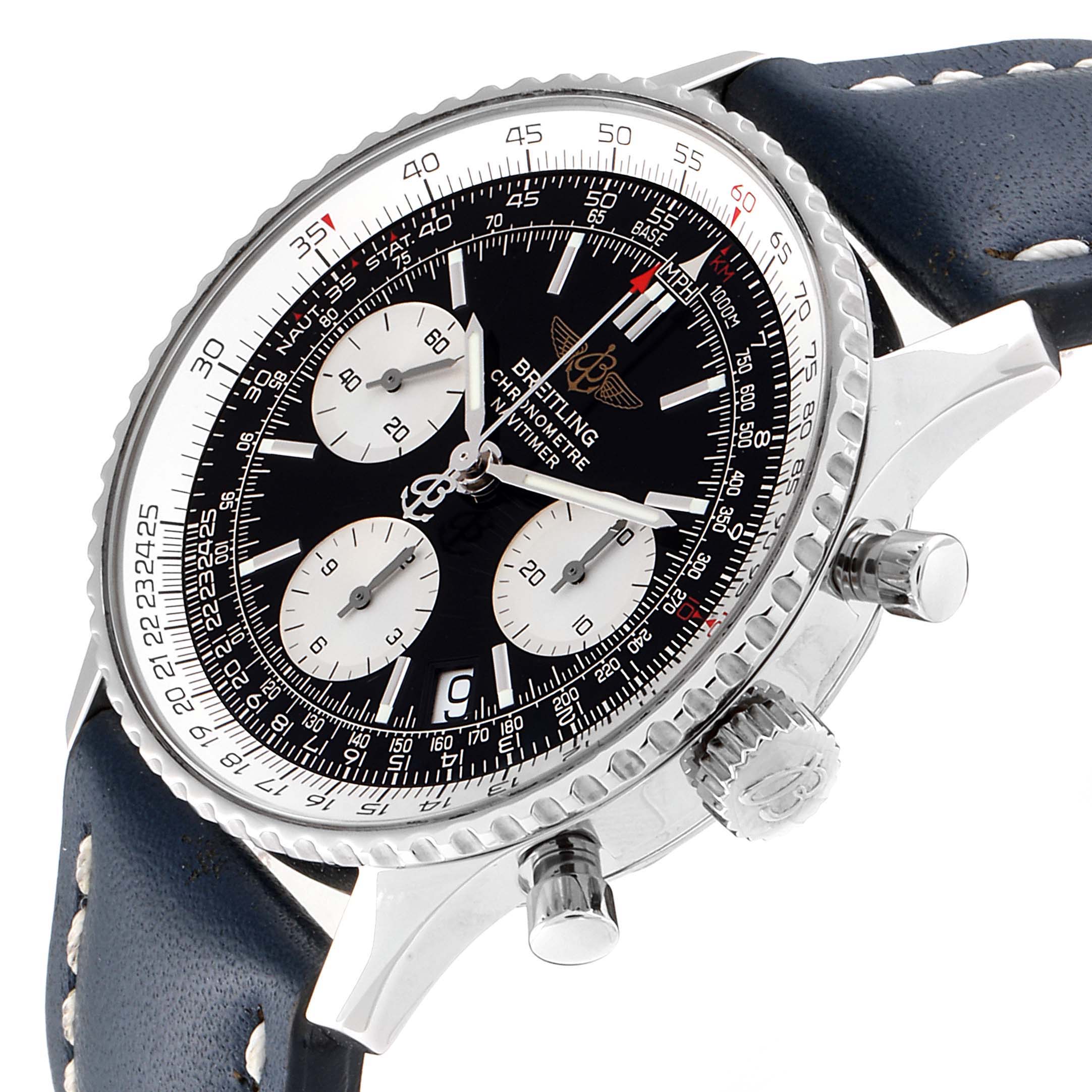 This Breitling Navitimer A23322 Men's Stainless Steel Black Dial A23322 Men's Stainless Steel Black Dial watch is shown from a side angle, highlighting its dial, bezel, crown, chrono pushers, and blue leather strap.